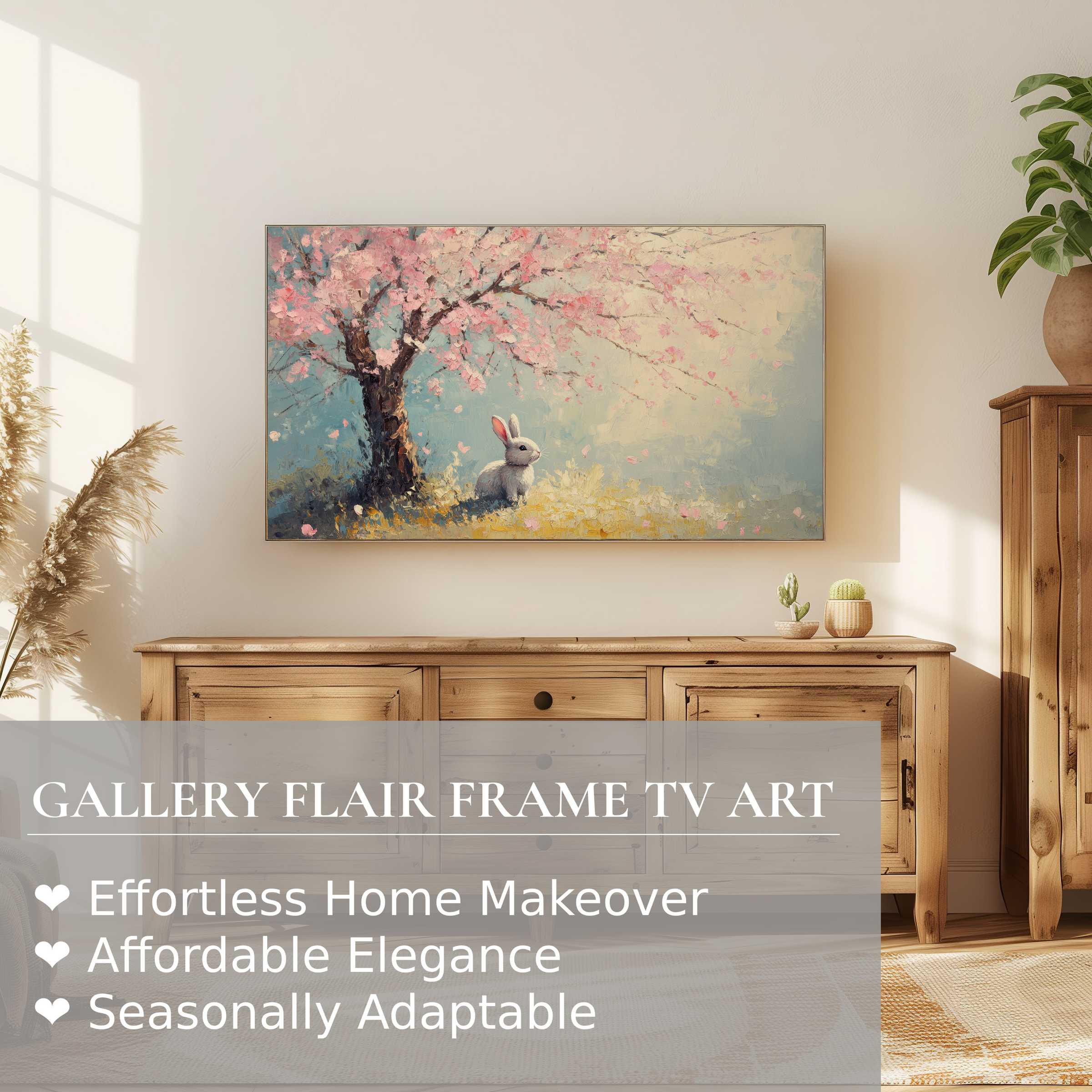 Samsung Frame TV displaying elegant easter digital artwork of a rabbit beneath a blooming tree in soft pastel tones