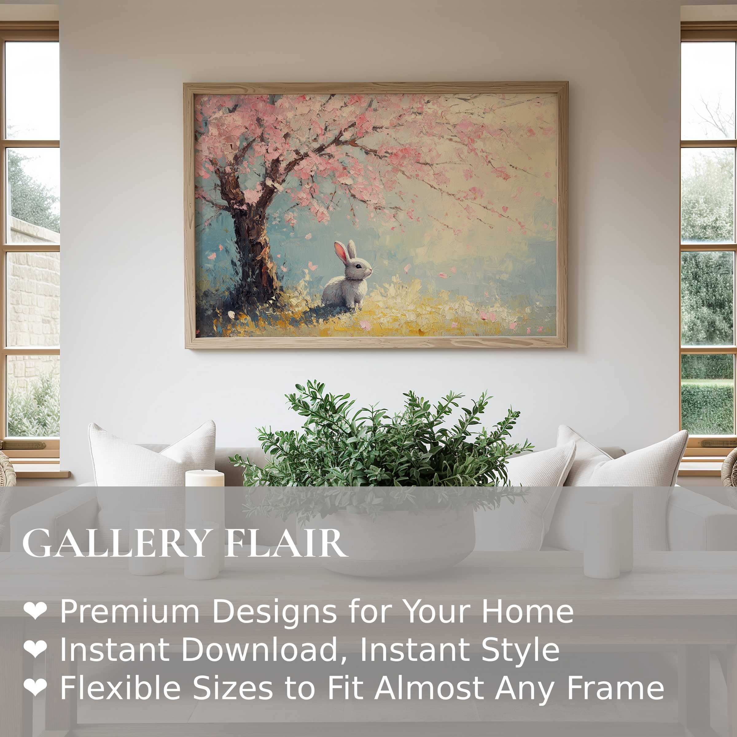 Easter wall art print featuring a serene bunny beneath blooming cherry blossoms, enhancing modern minimalist interiors with soft, calming elegance
