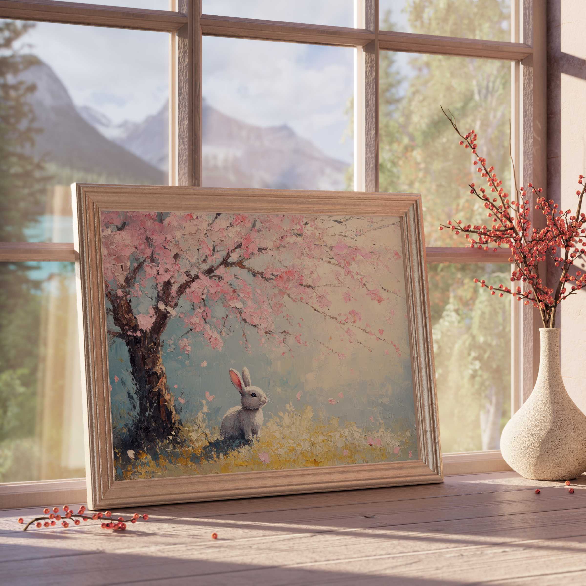 Easter downloadable art featuring a serene bunny beneath blooming cherry blossoms, elevating tranquil, refined interiors with soft spring charm