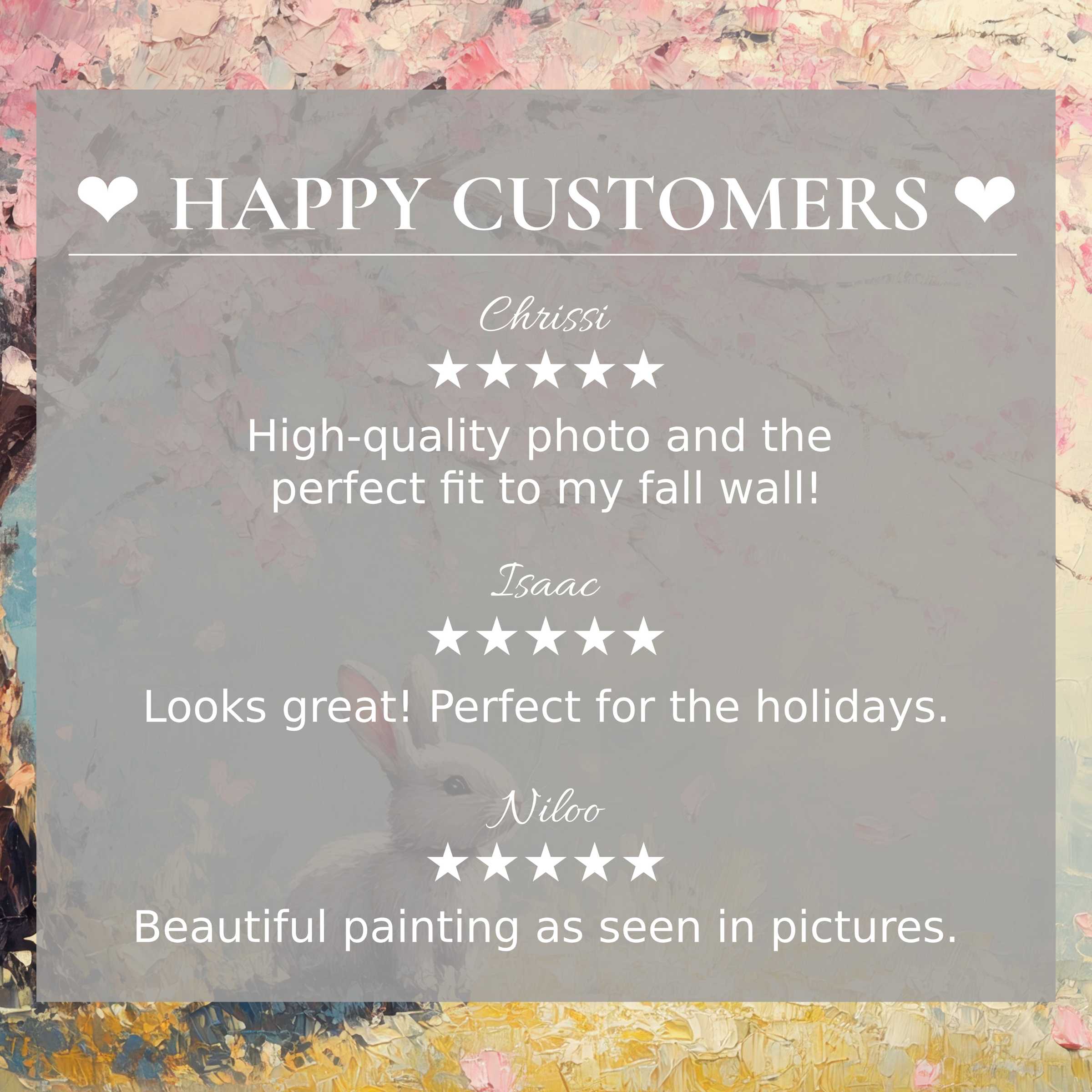 Elegant easter art for Frame TV with soft pastel background, showcasing happy customer reviews to build trust and style
