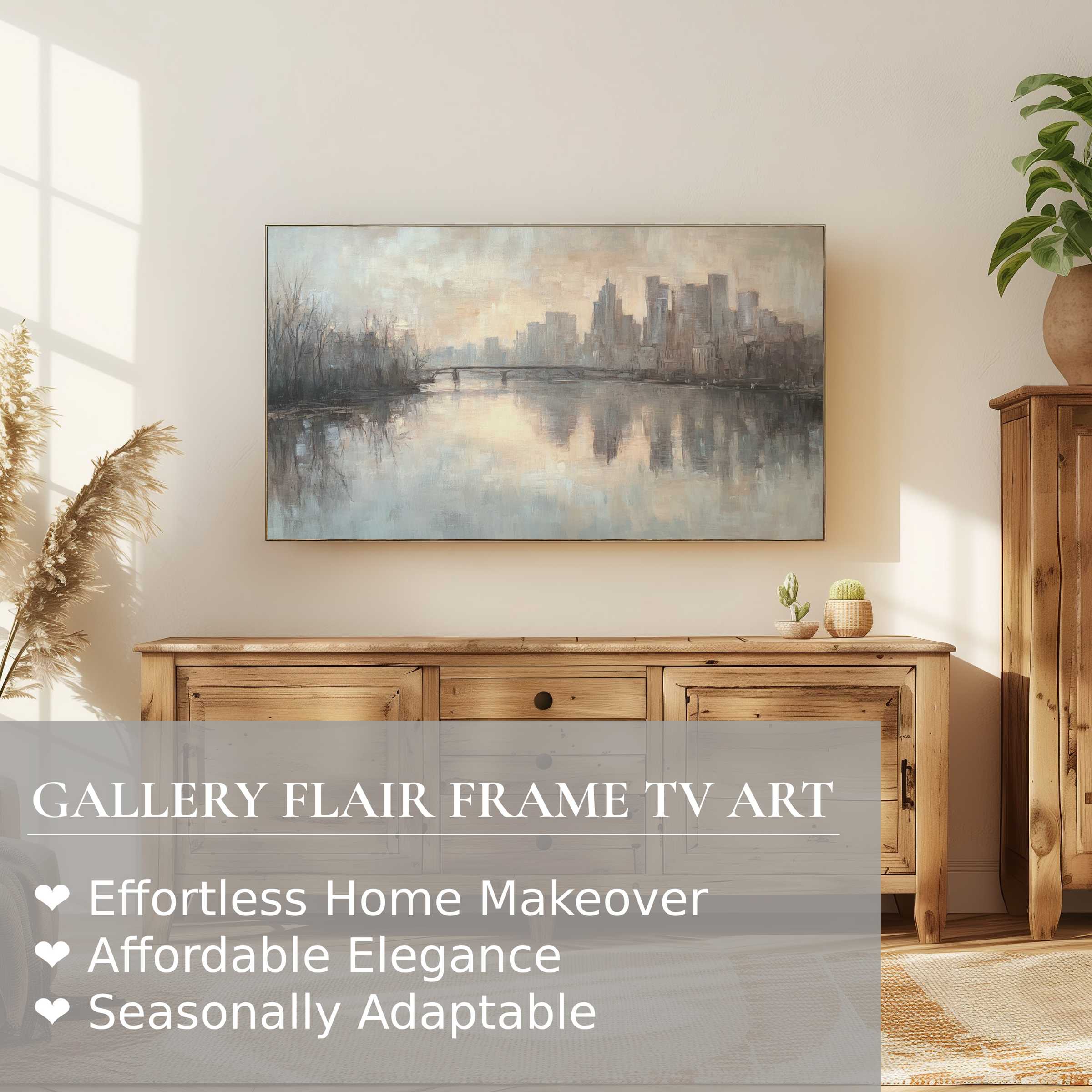 Samsung Frame TV displaying serene, muted urban digital artwork in a chic, warm living space with natural wooden decor