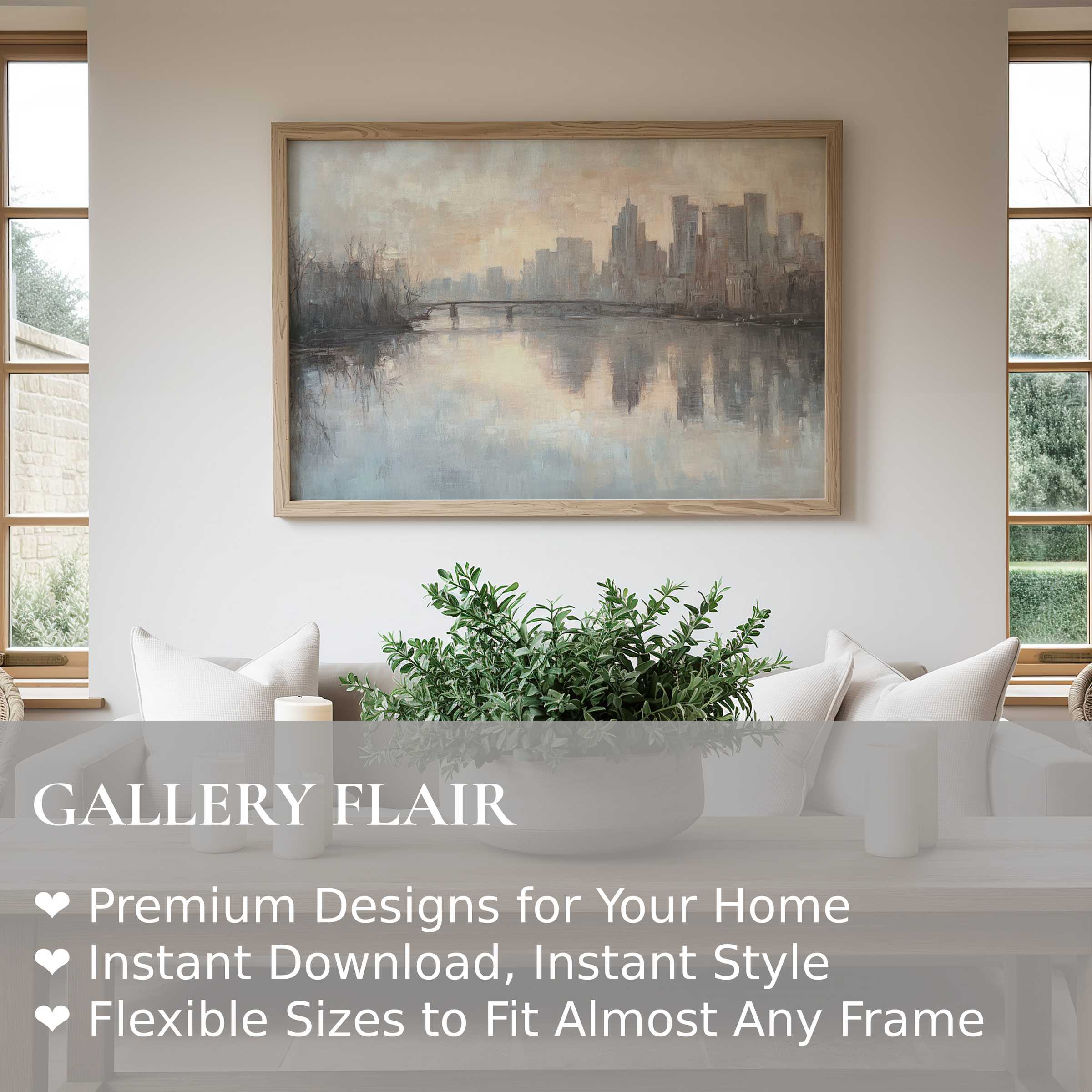 Urban art wall art print capturing a serene city skyline reflected on water, enhancing modern minimalist interiors with soft, calming tones