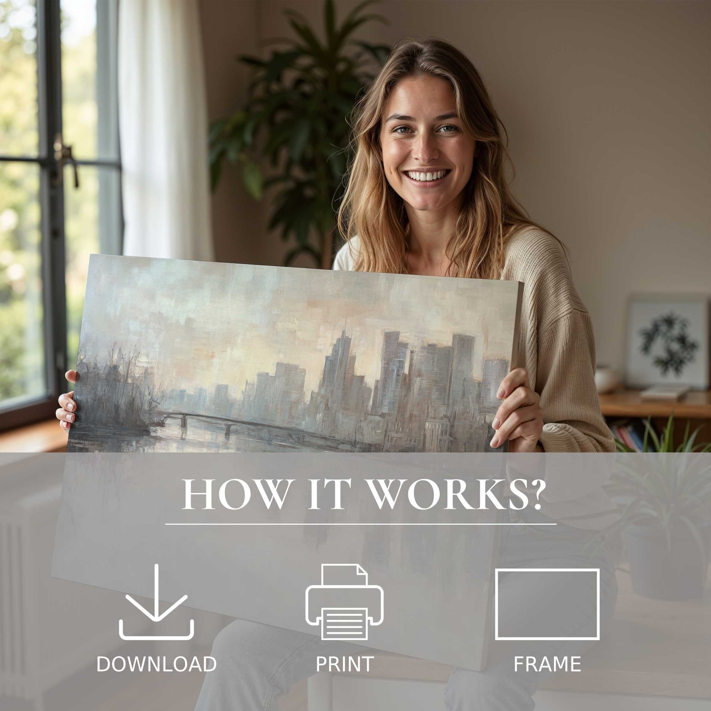 A radiant woman in a serene modern living space, embracing an urban digital art print that enriches her home with subtle warmth and effortless elegance