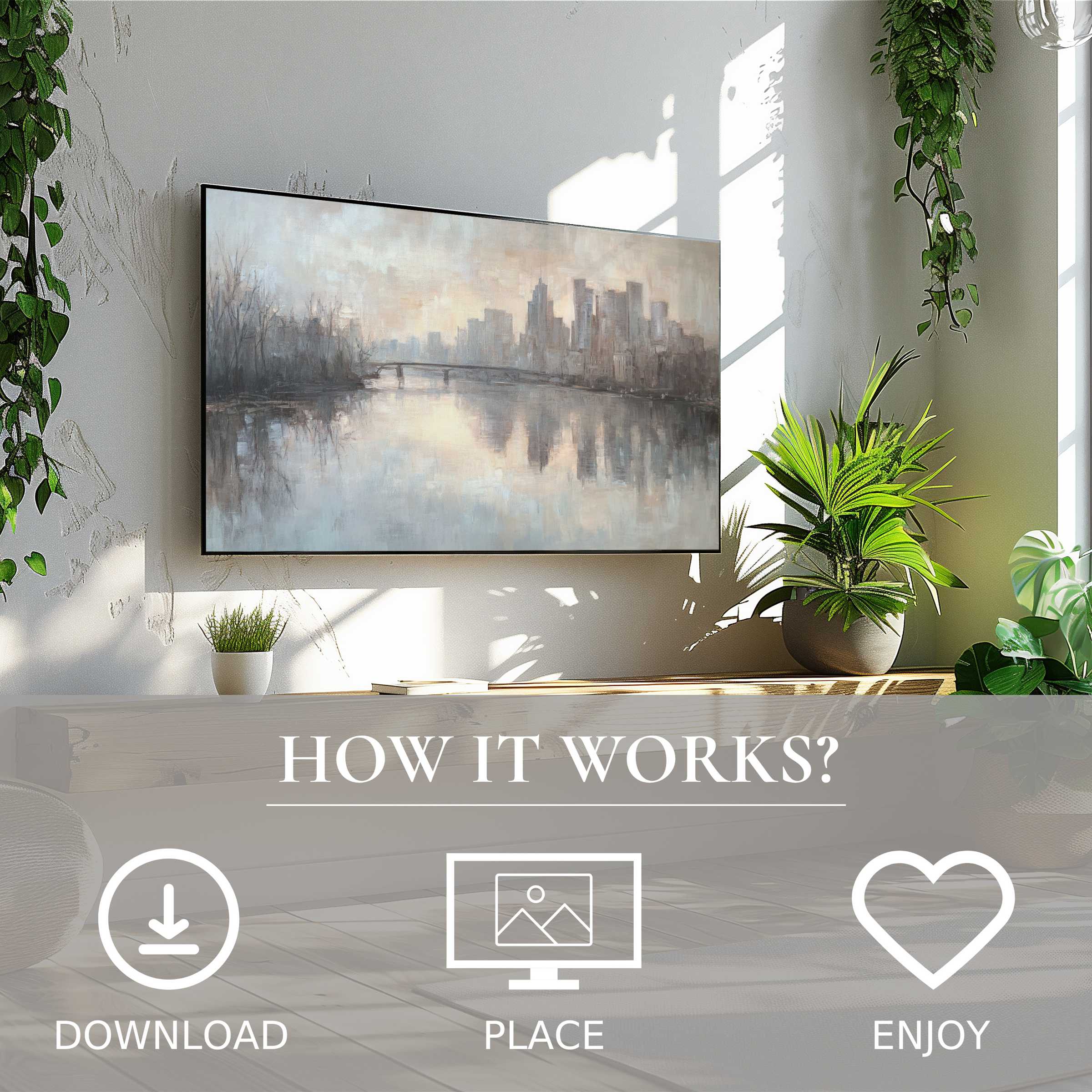Urban art for Samsung TV shows soft sunset tones with cityscape motif; easy digital download enhances modern living spaces