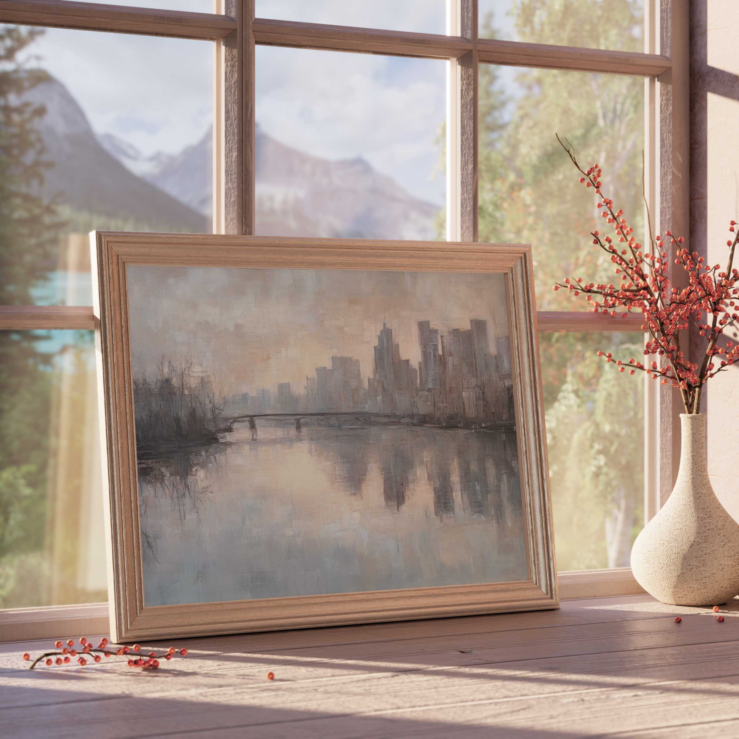 Serene urban downloadable art capturing a misty city skyline with soft reflections, elevating tranquil, curated interiors