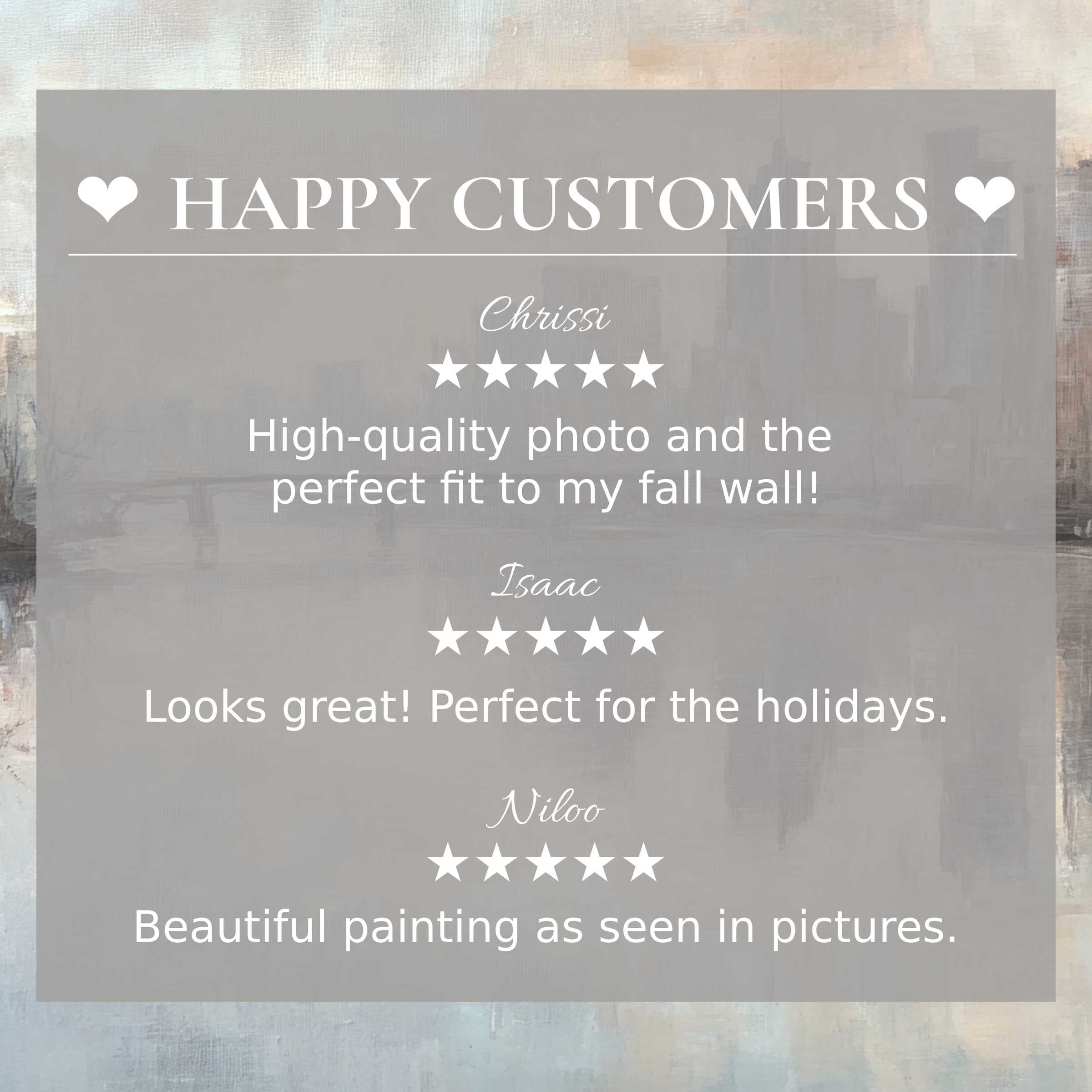 Urban art for Frame TV with muted skyline background, showcasing happy customer reviews and elegant design trust