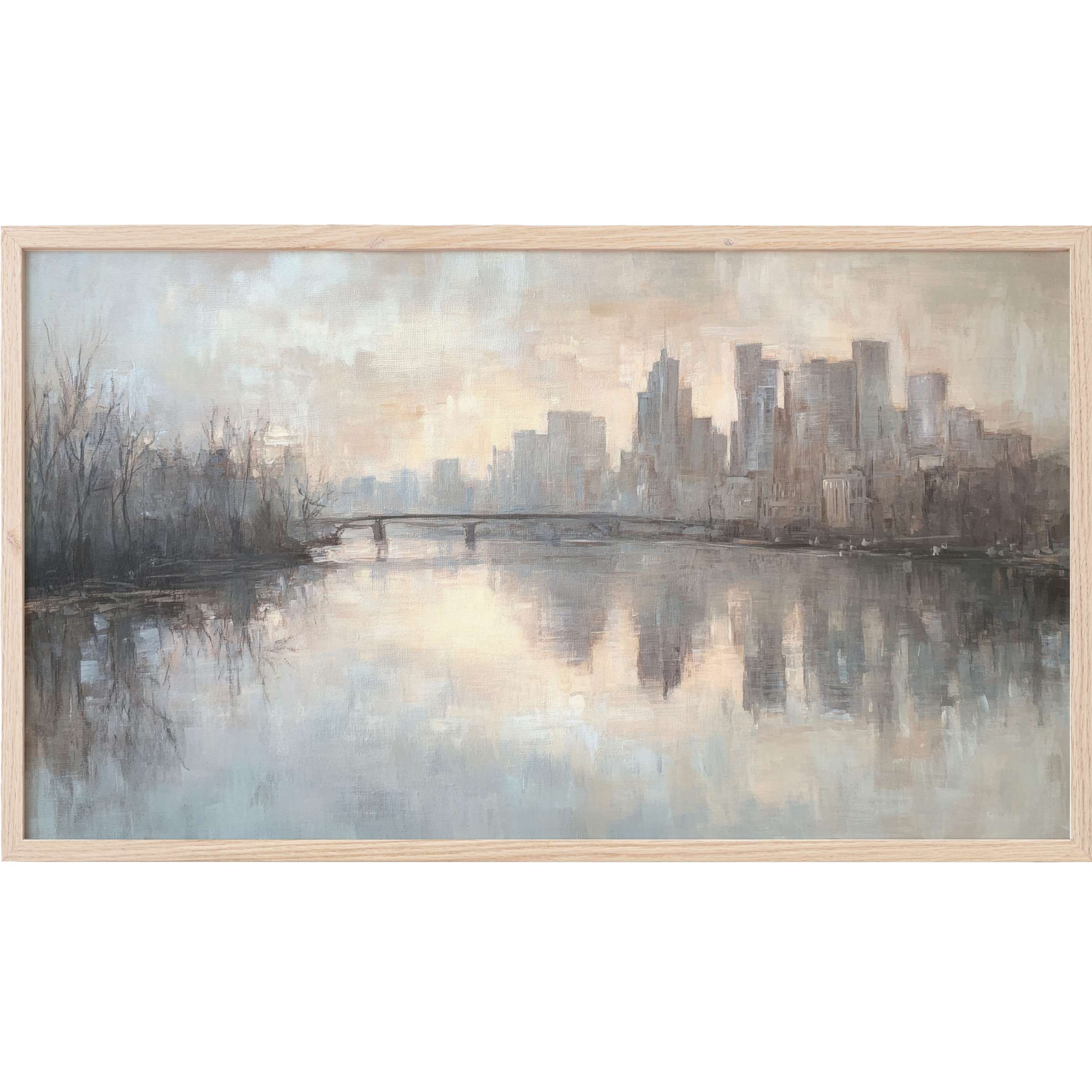 Urban Frame TV Art shows a misty cityscape reflected in water, with soft grays and muted earth tones in a modern style