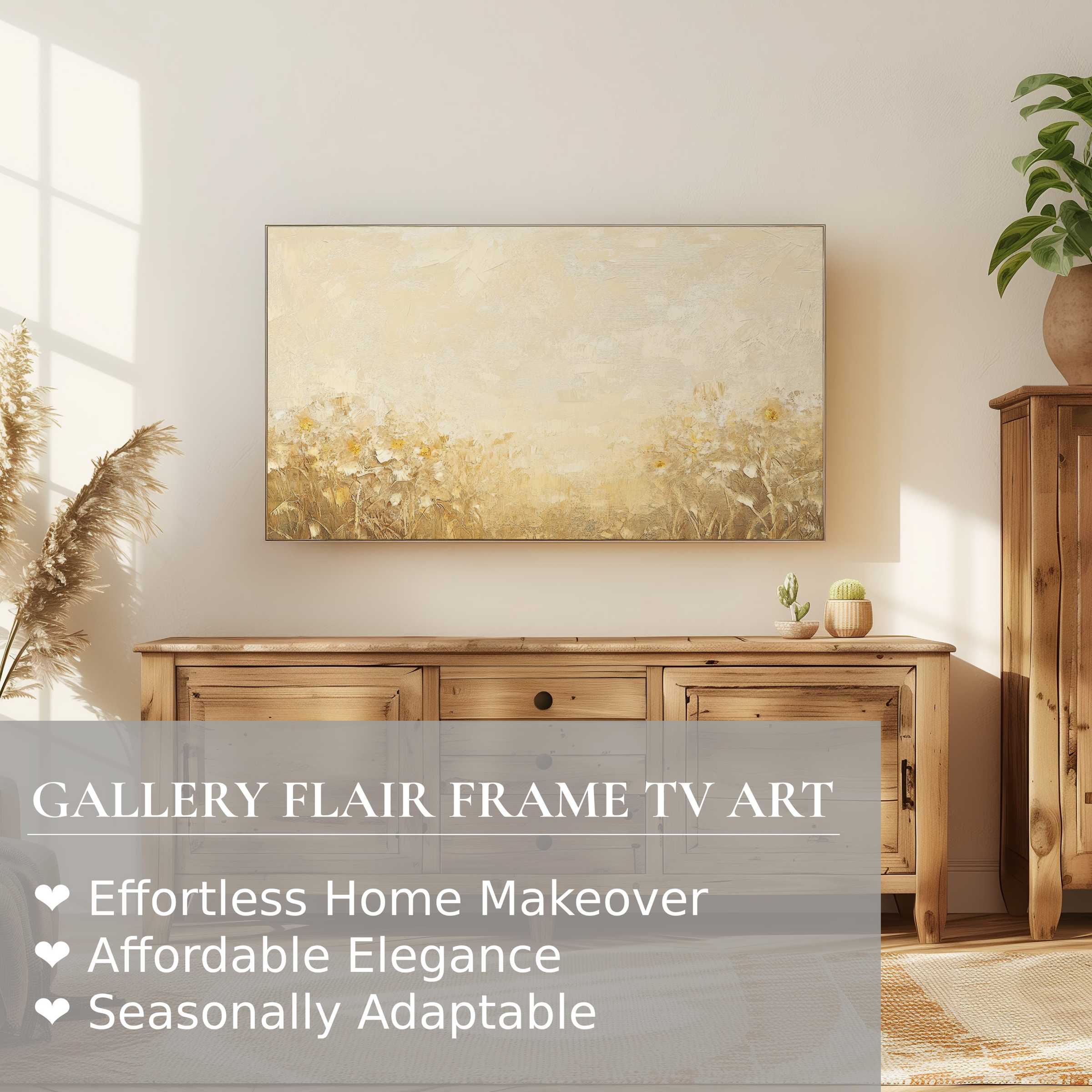 Samsung Frame TV displaying vintage digital artwork in warm beige tones, enhancing elegant, sunlit rustic decor