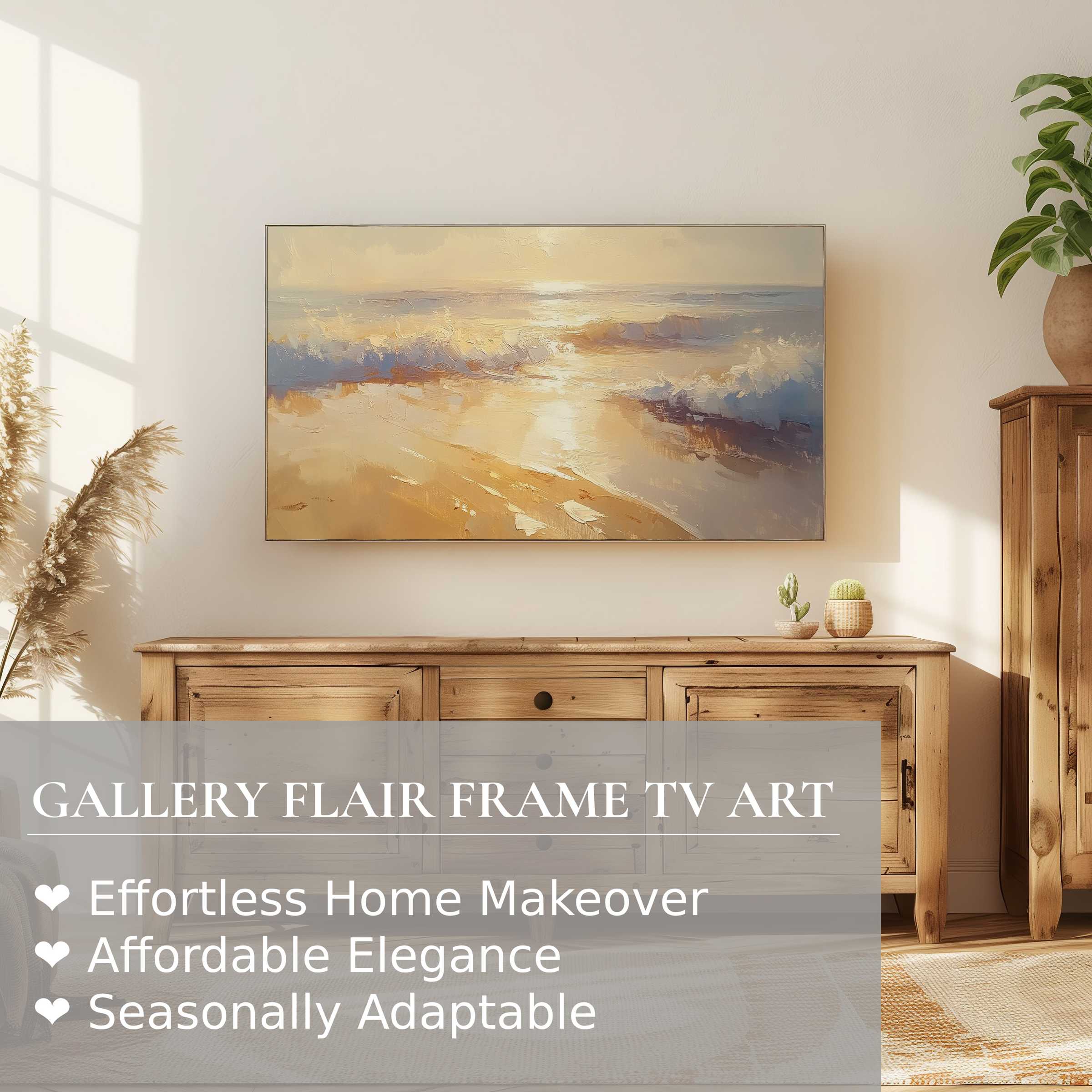 Samsung Frame TV displaying warm, impressionistic summer digital artwork in a cozy, elegant living space