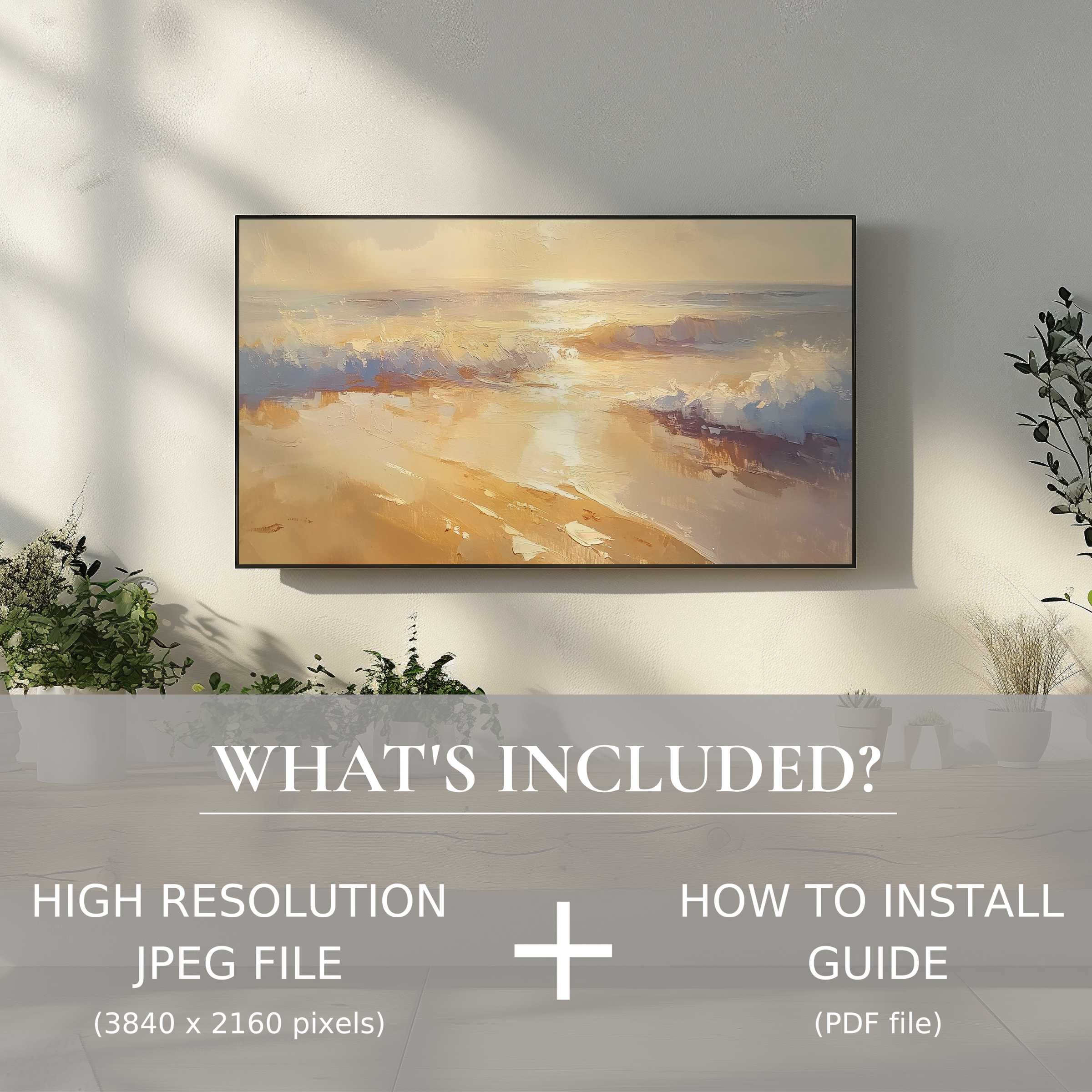 Summer digital TV art download showcasing serene beach waves, elevating living spaces with effortless digital style