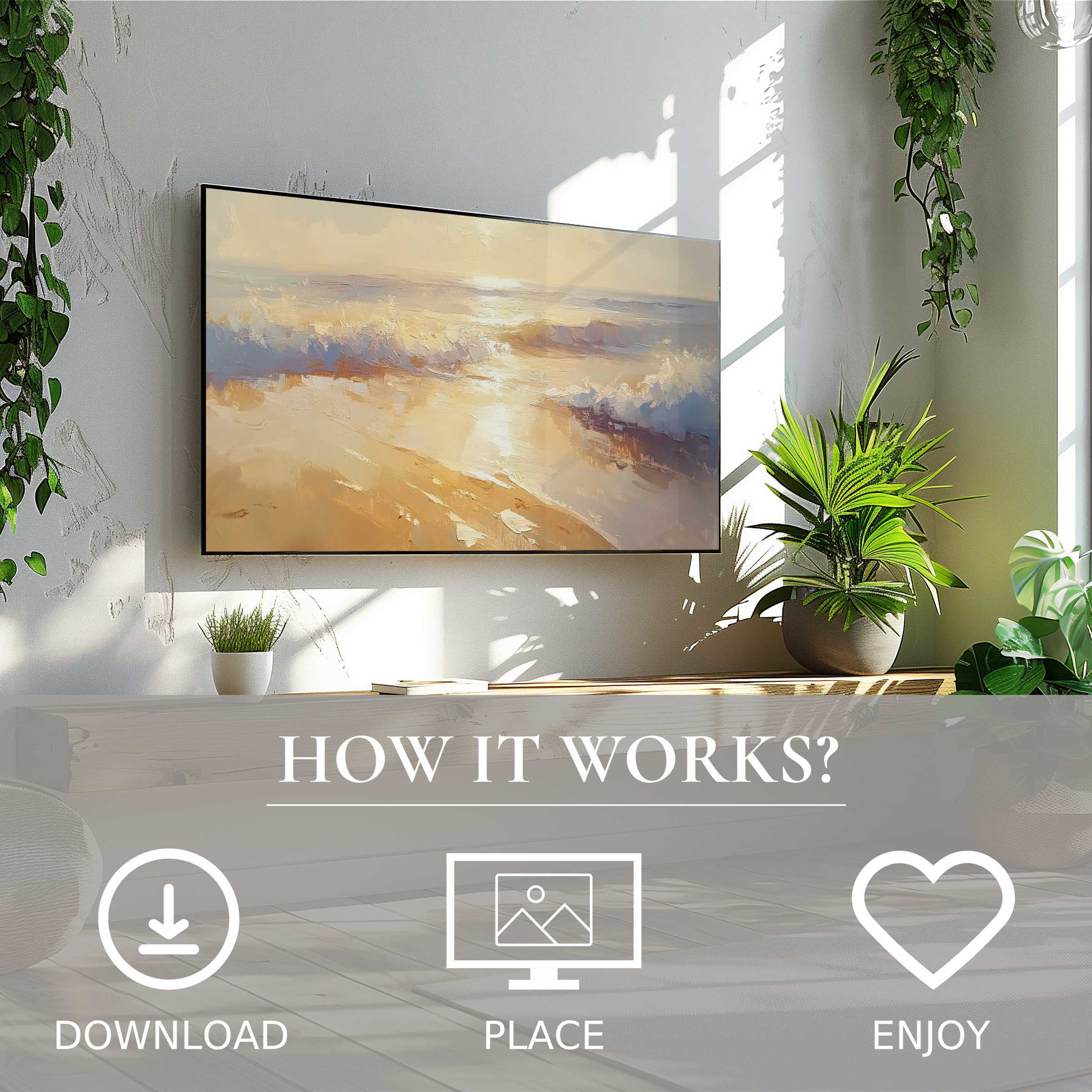 Summer art for Samsung TV shows soft sunset tones, easy digital download, enriching modern living with warm coastal vibes