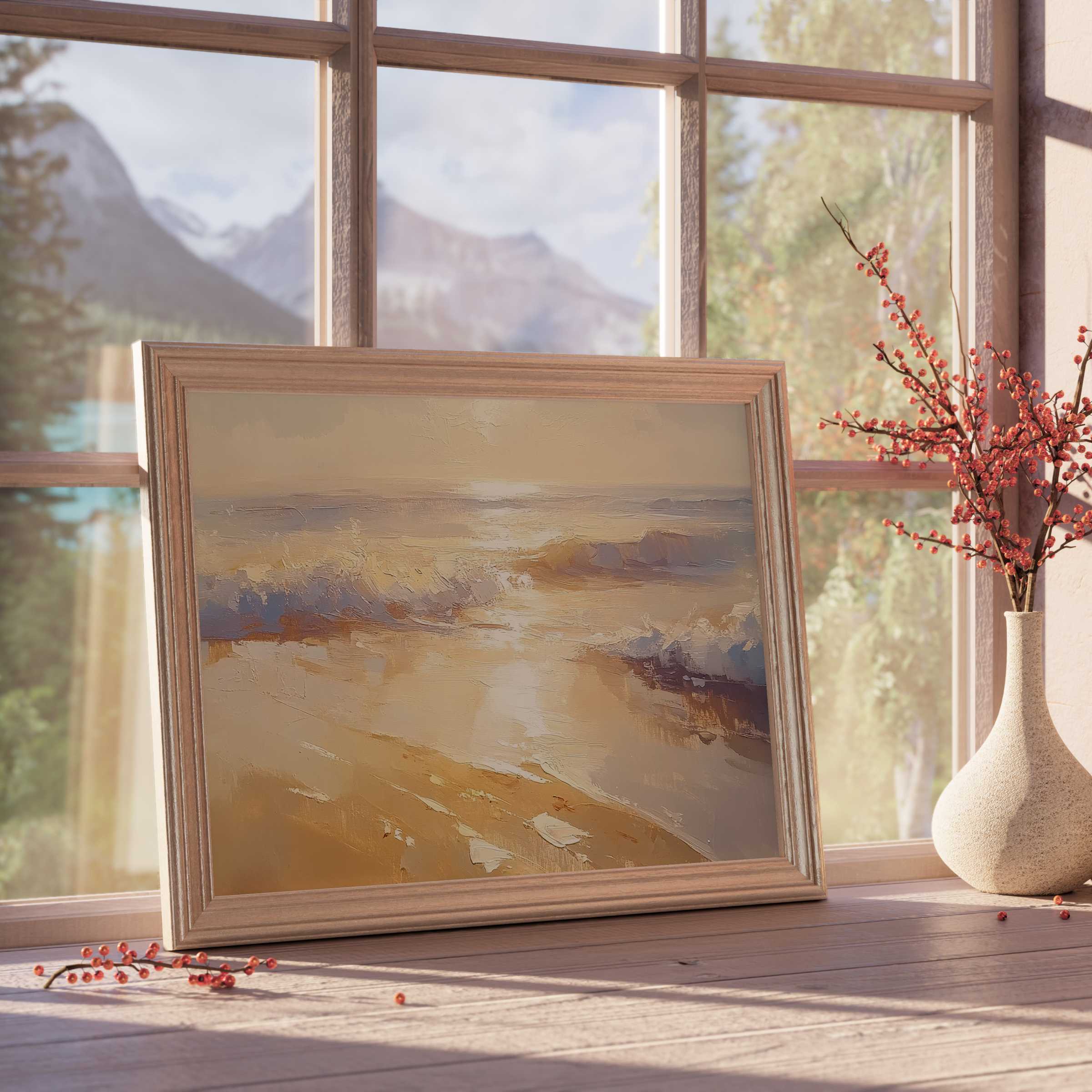 Summer downloadable art capturing serene coastal waves in warm golden hues, perfect for elevating tranquil, curated interiors
