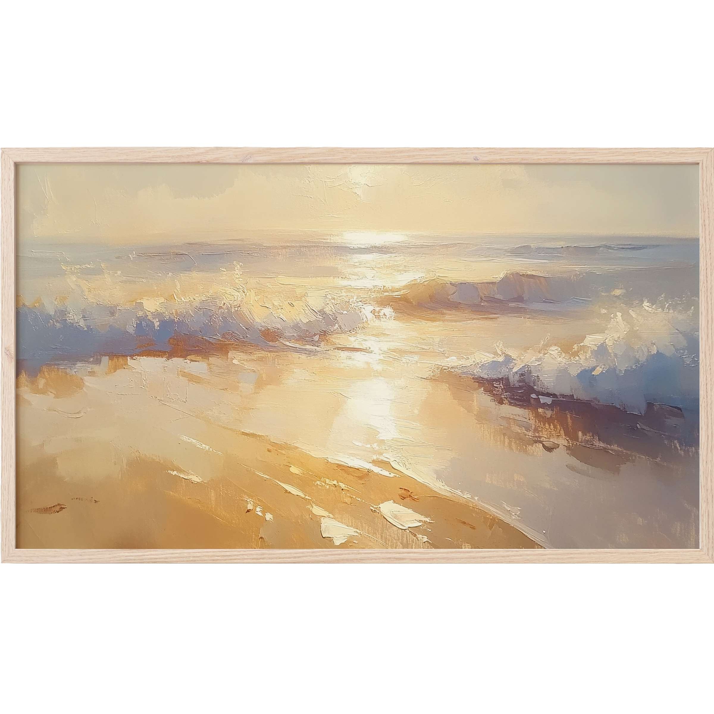 Tranquil seascape in soft golds and blues with textured brushstrokes, perfect summer Frame TV Art for modern decor