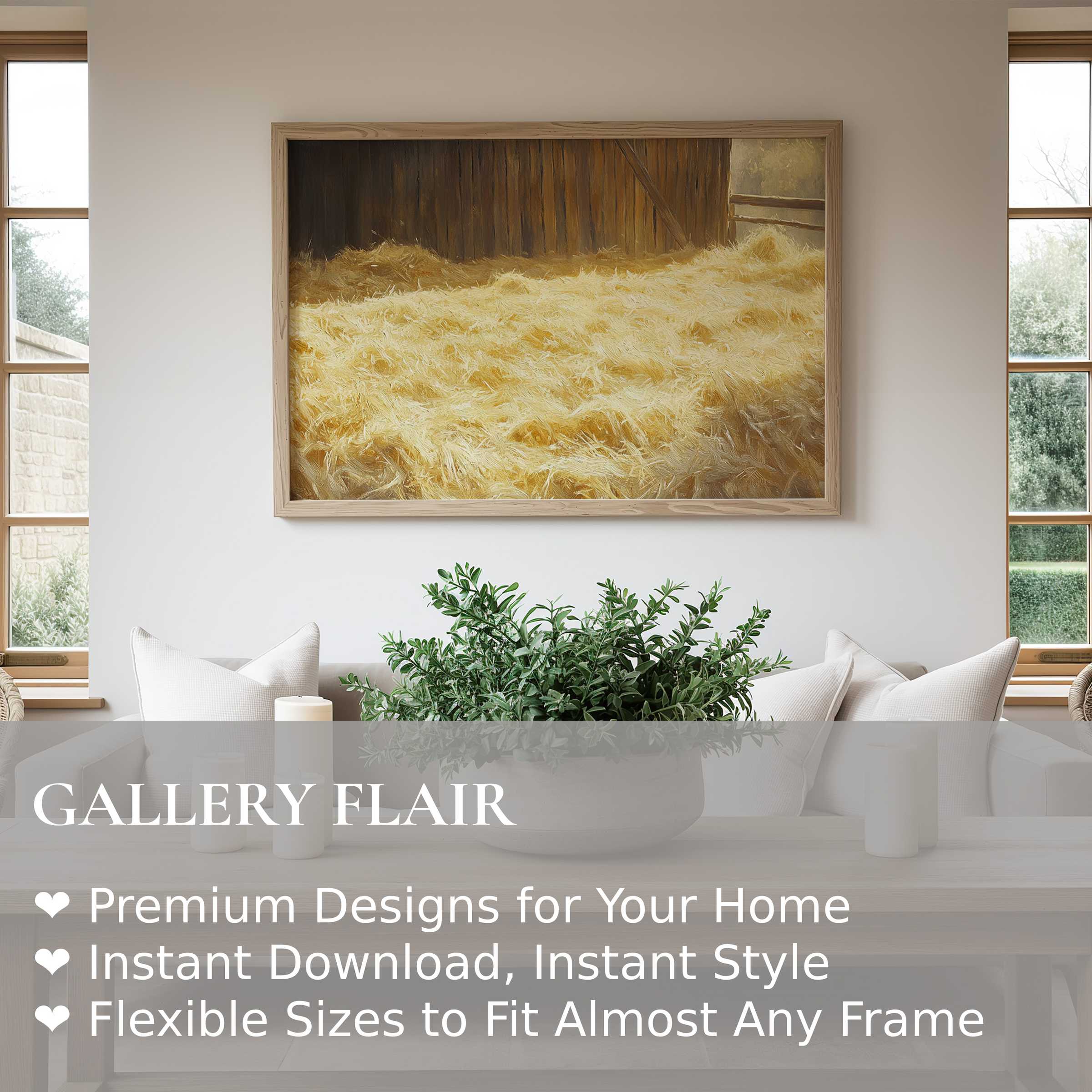 Farmhouse wall art print featuring radiant, textured hay in a rustic barn; enhances serene, modern farmhouse interiors with warm charm