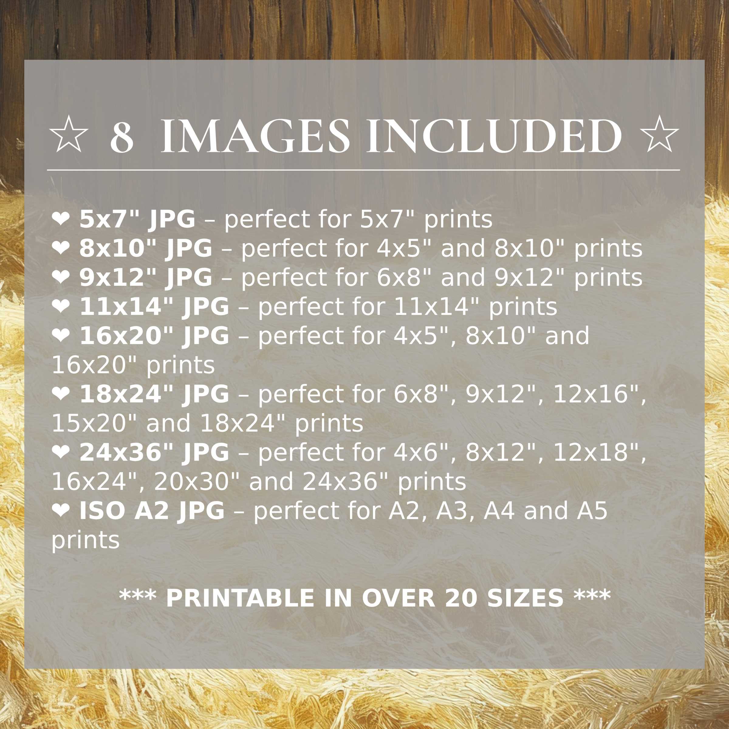 Farmhouse digital print in warm, golden hues radiates rustic charm and calm, with 8 included sizes to elevate modern interiors effortlessly