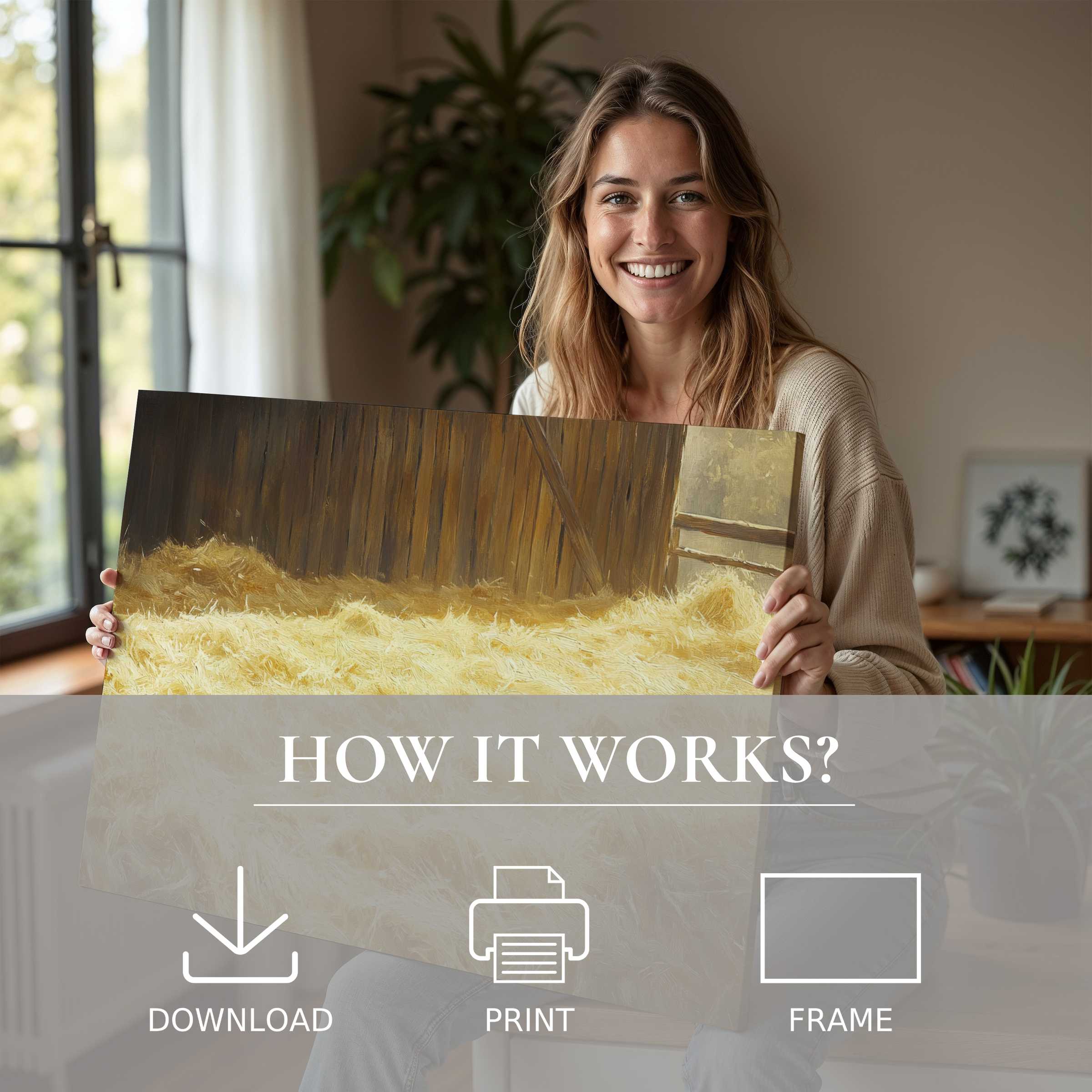 Bright farmhouse digital art print embraced in a modern home, evoking warmth, joy, and effortless style