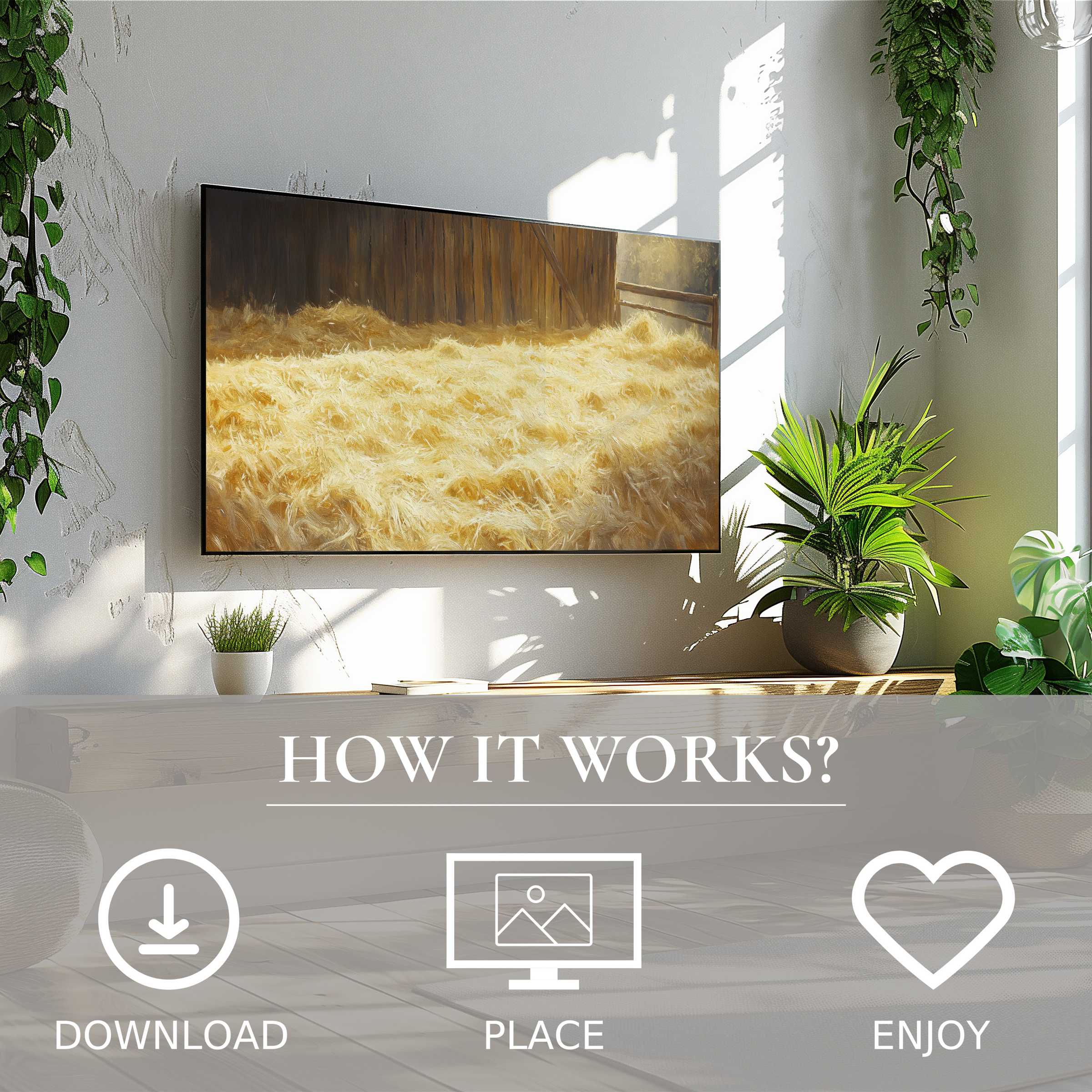 Farmhouse art for Samsung TV in a bright room, soft golden hay motif, easy digital download to enhance your space