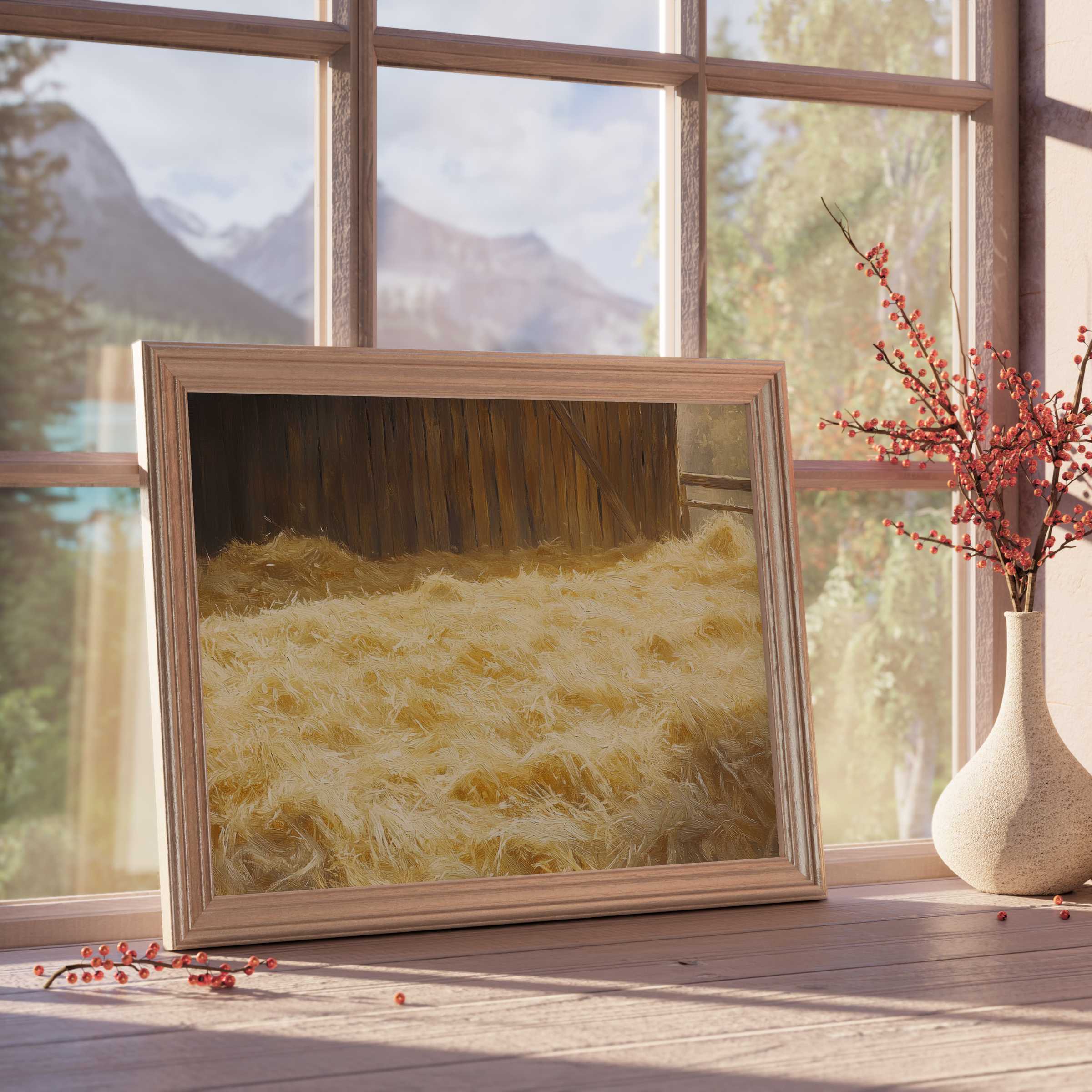 Warm farmhouse downloadable art capturing golden straw textures in sunlit rustic barn, perfect for serene, curated farmhouse decor