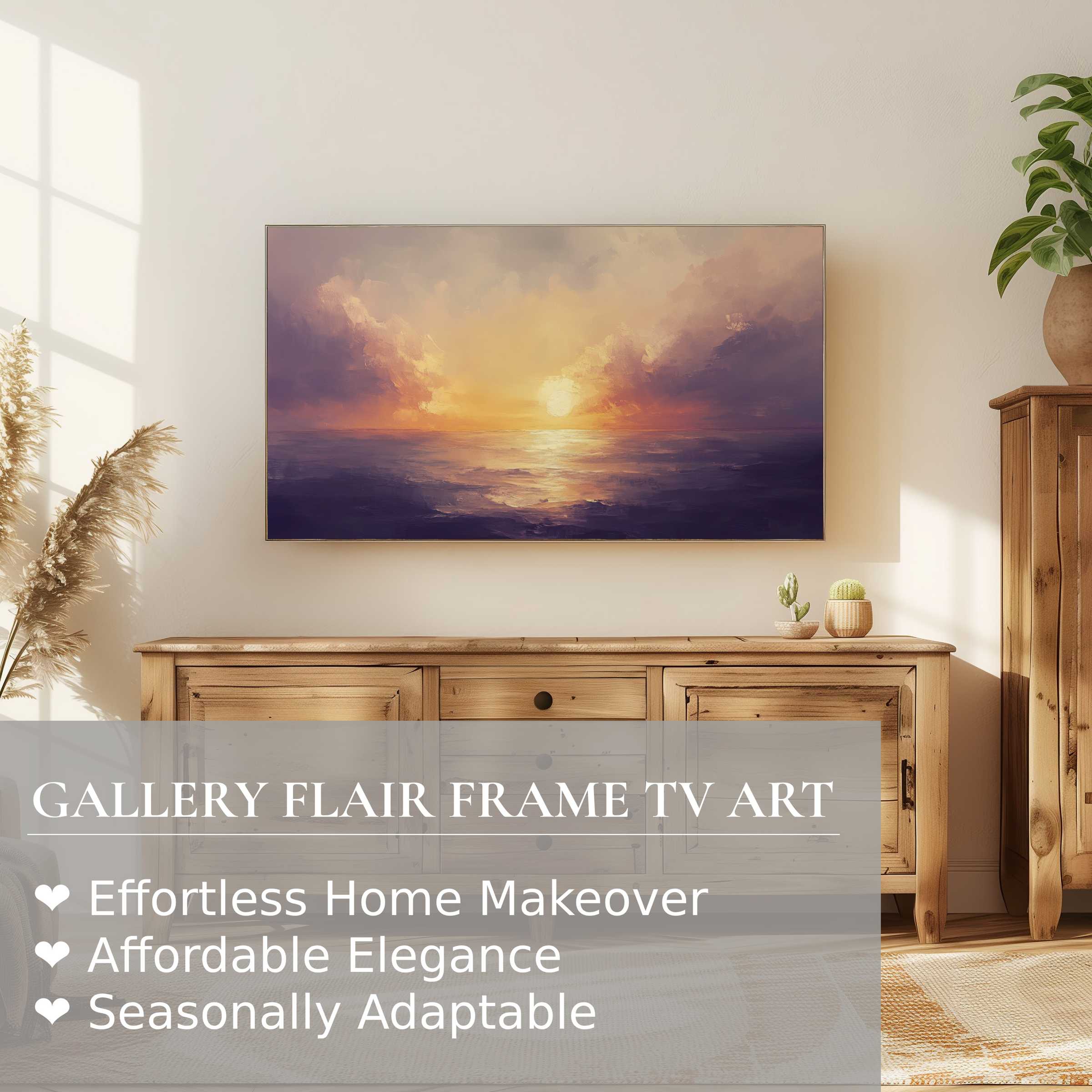 Samsung Frame TV displaying a serene sunset landscape digital artwork in a modern, cozy living space