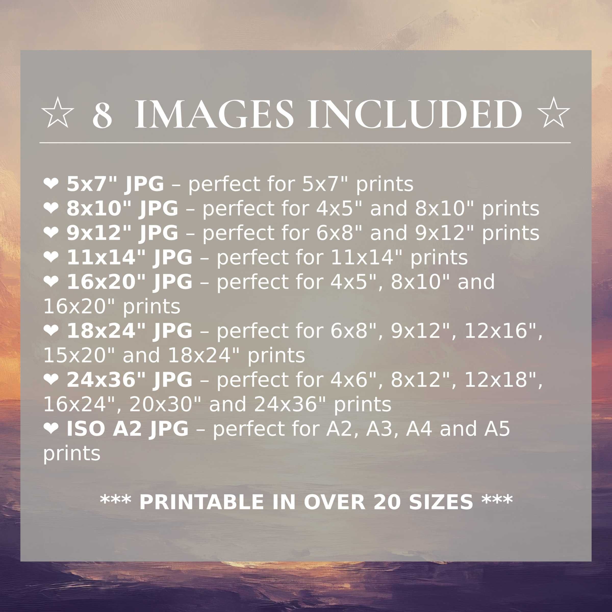 Landscape digital print bathed in radiant sunset hues, offering calming purples and golds to elevate modern interiors with style; includes 8 high-quality sizes in one download for versatile, trusted home decor