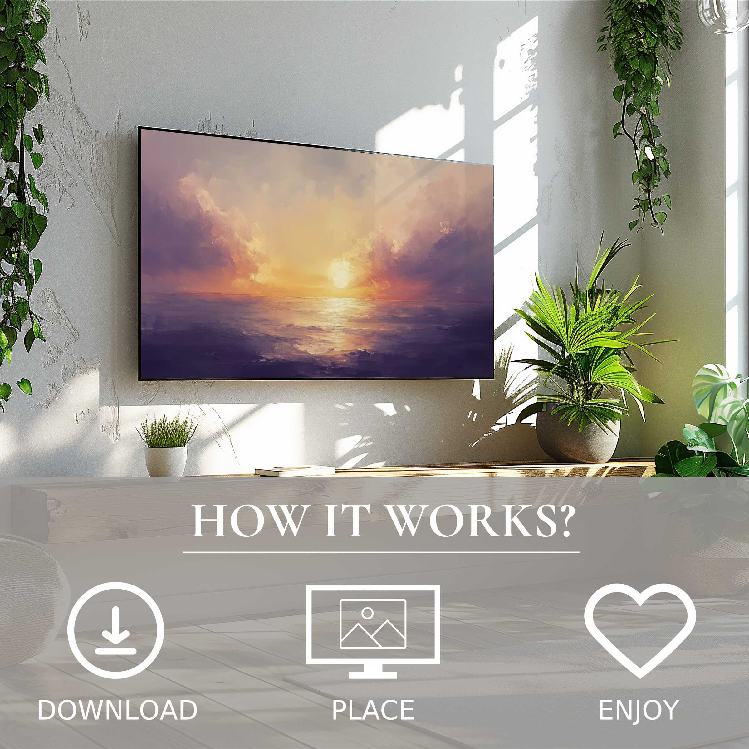 Modern living room with digital sunset color flow on Frame TV, easy download, landscape art for Samsung TV enhances space
