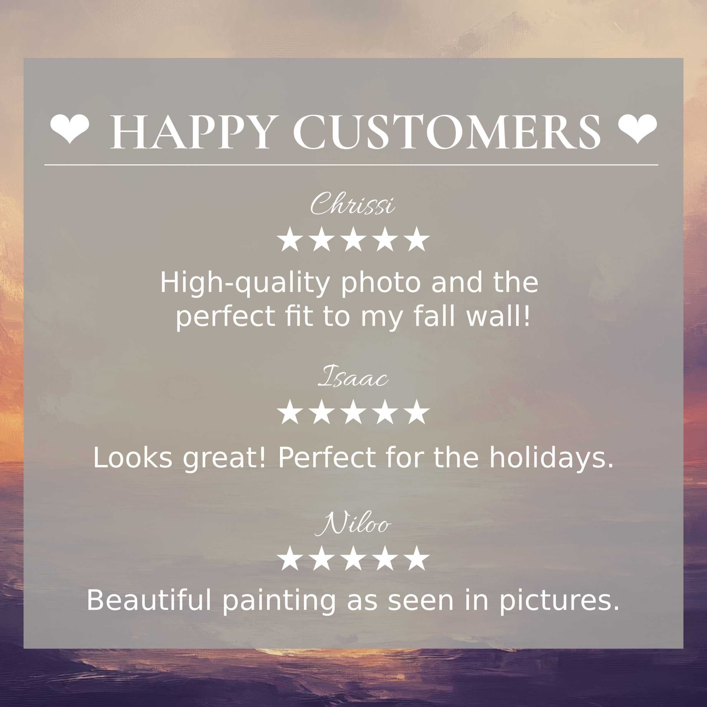 Landscape art for Frame TV with abstract sunset hues, highlighting happy customer reviews and elegant product appeal