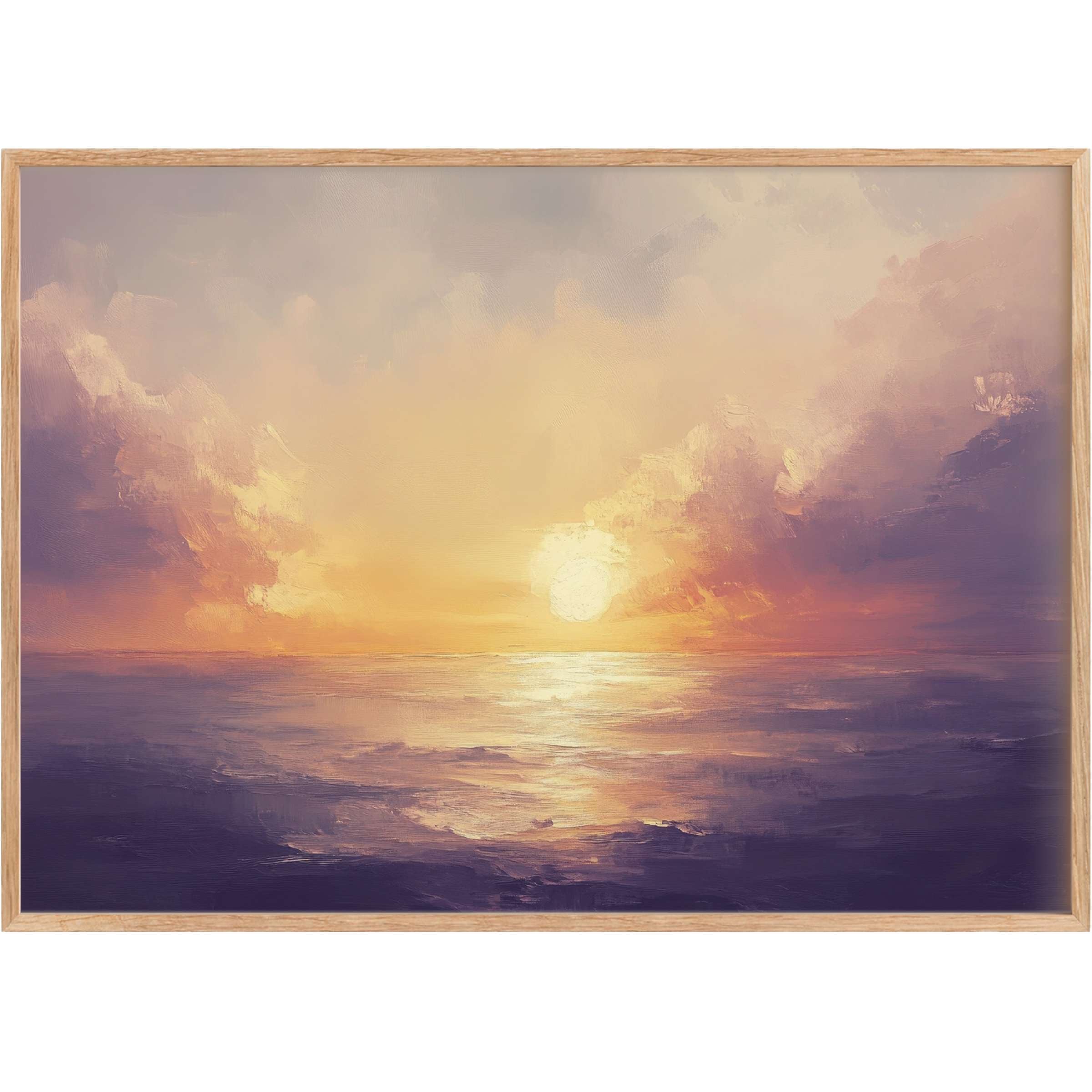 Ethereal landscape printable wall art captures a serene sunset, blending soft golds and deep purples for a calming, sophisticated ambiance