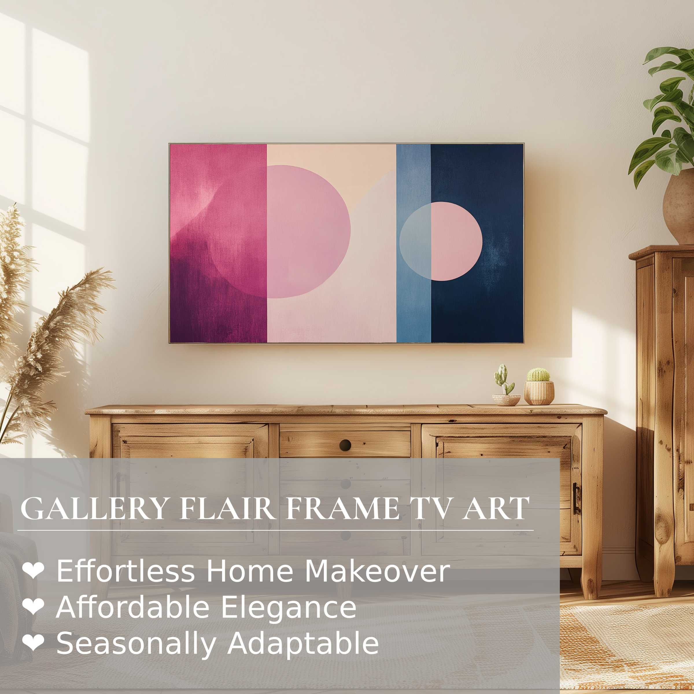 Samsung Frame TV displays modern digital artwork with geometric pastel hues in a serene, stylish living space