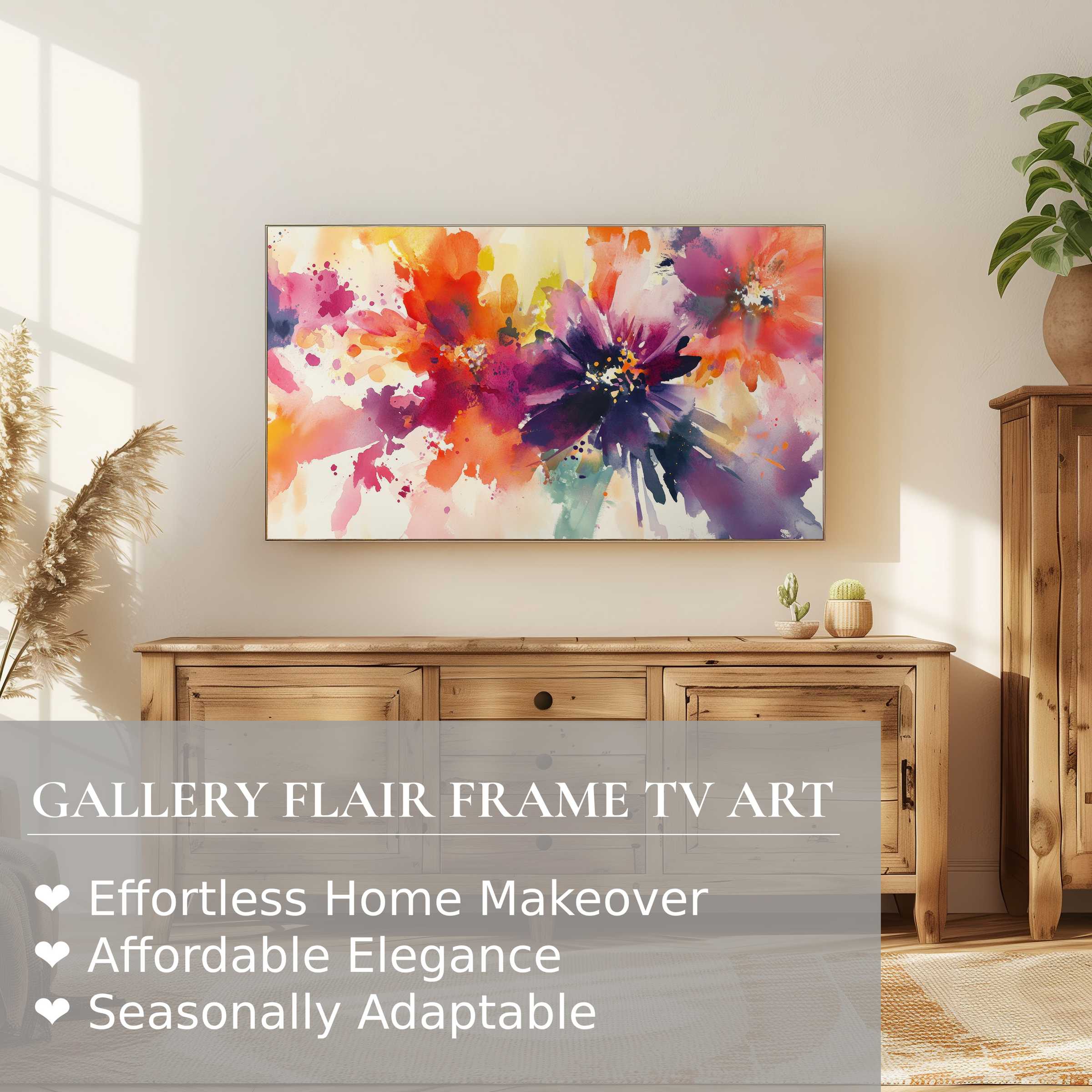 Samsung Frame TV displays vibrant floral digital artwork in a warm, minimalist living room with natural wood tones