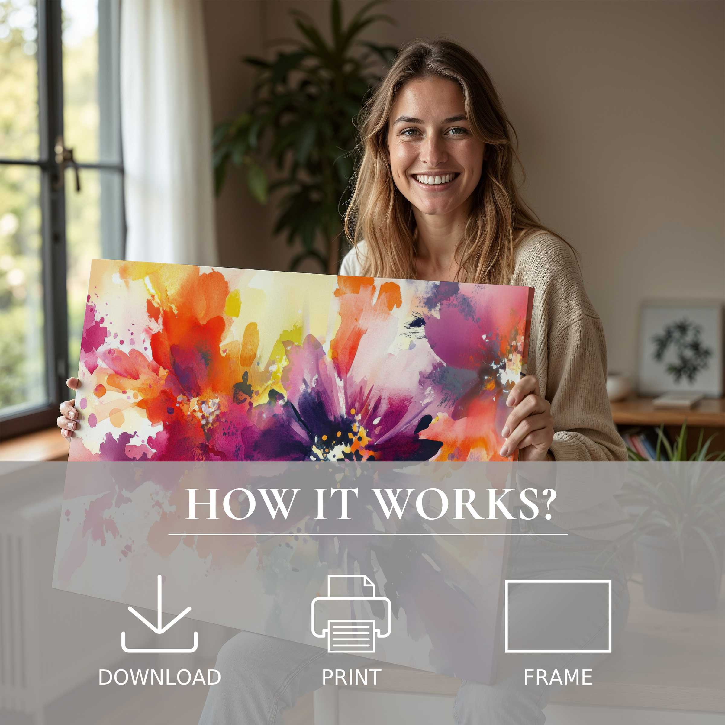 Joy radiates in a sunlit modern home as vibrant floral digital art print transforms space with effortless elegance