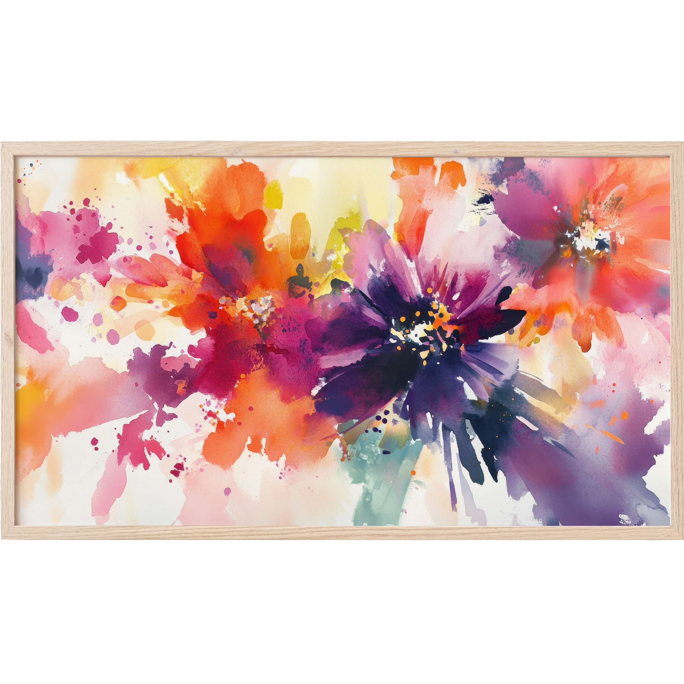 Vibrant watercolor blooms in orange, purple, and pink hues blend fluidly in this Floral Frame TV Art piece