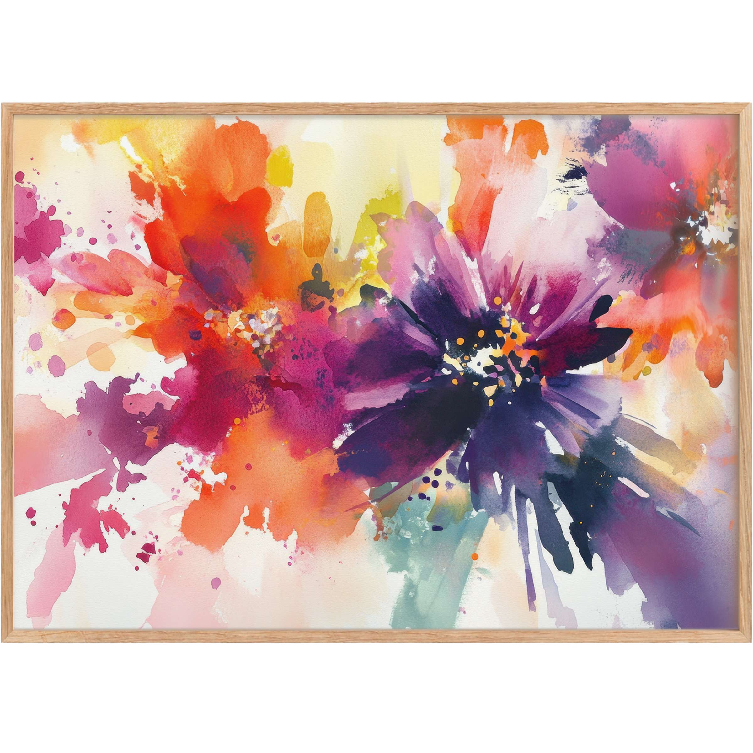 Vibrant floral printable wall art with bold purples, fiery oranges, and soft pinks creates a radiant, uplifting ambiance