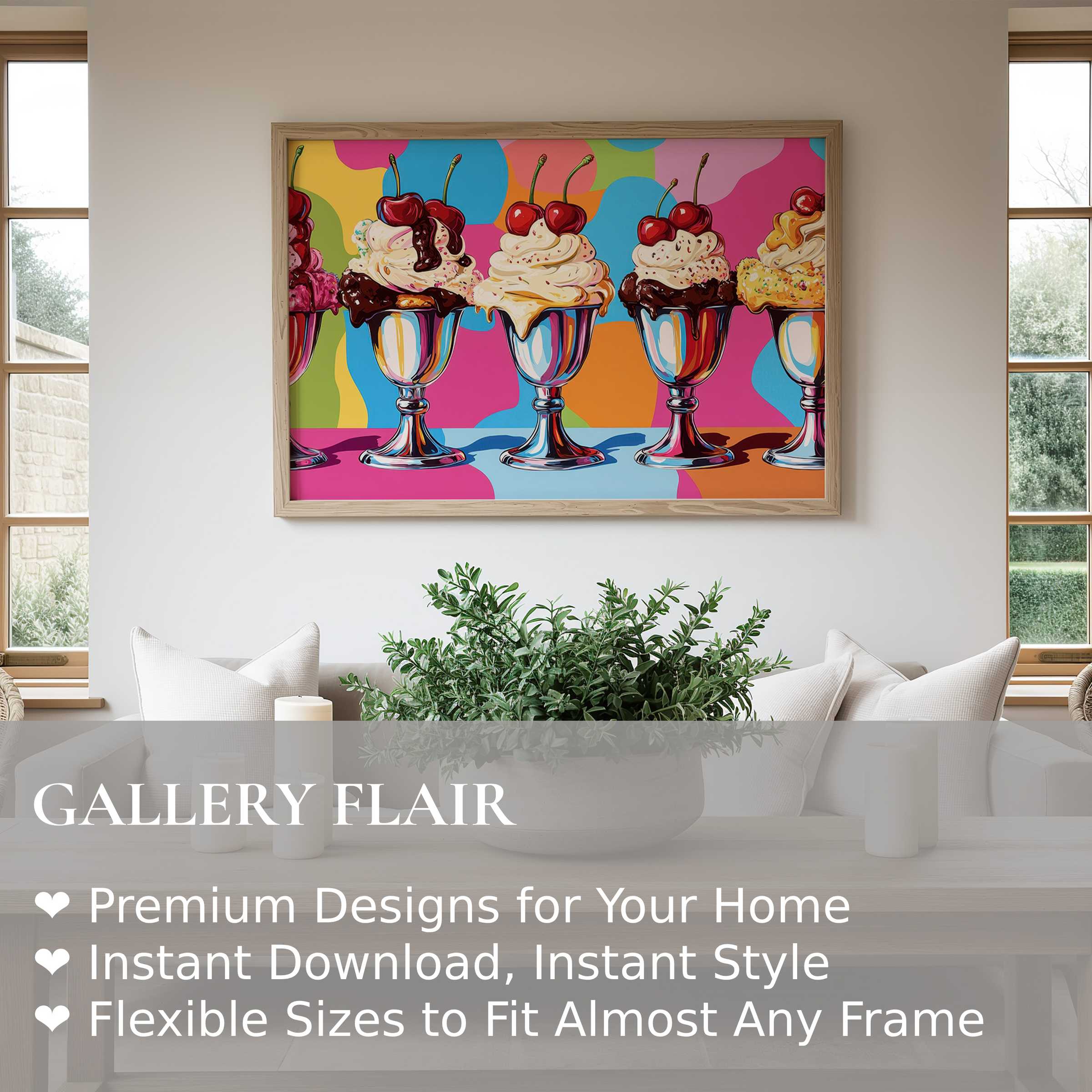 Bold pop art wall art print of vibrant ice cream sundaes brightens minimalist modern living spaces with joyful, playful energy and colorful flair