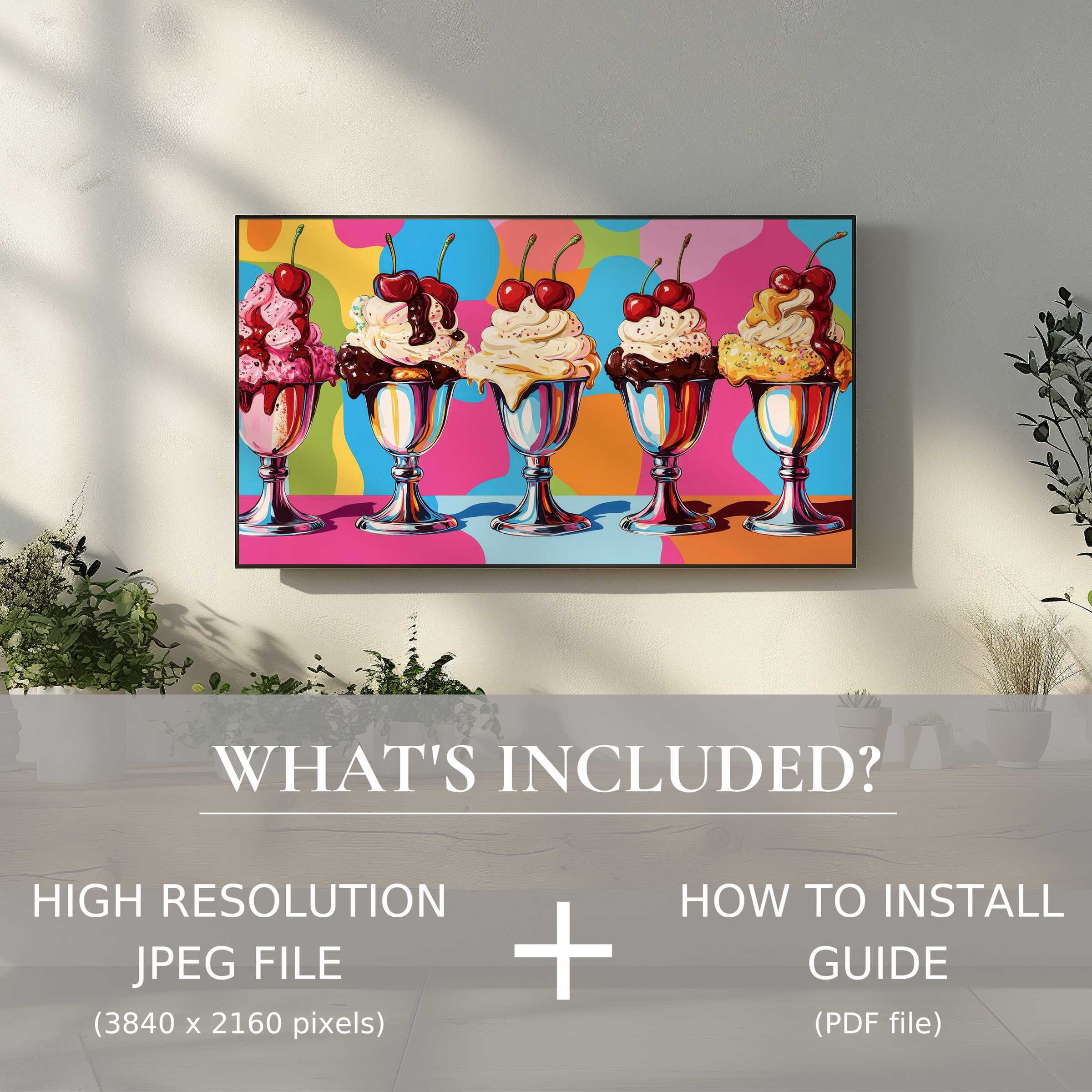 Chic living space showcases pop art digital TV art download, easy to use, elevating decor with vibrant, stylish flair