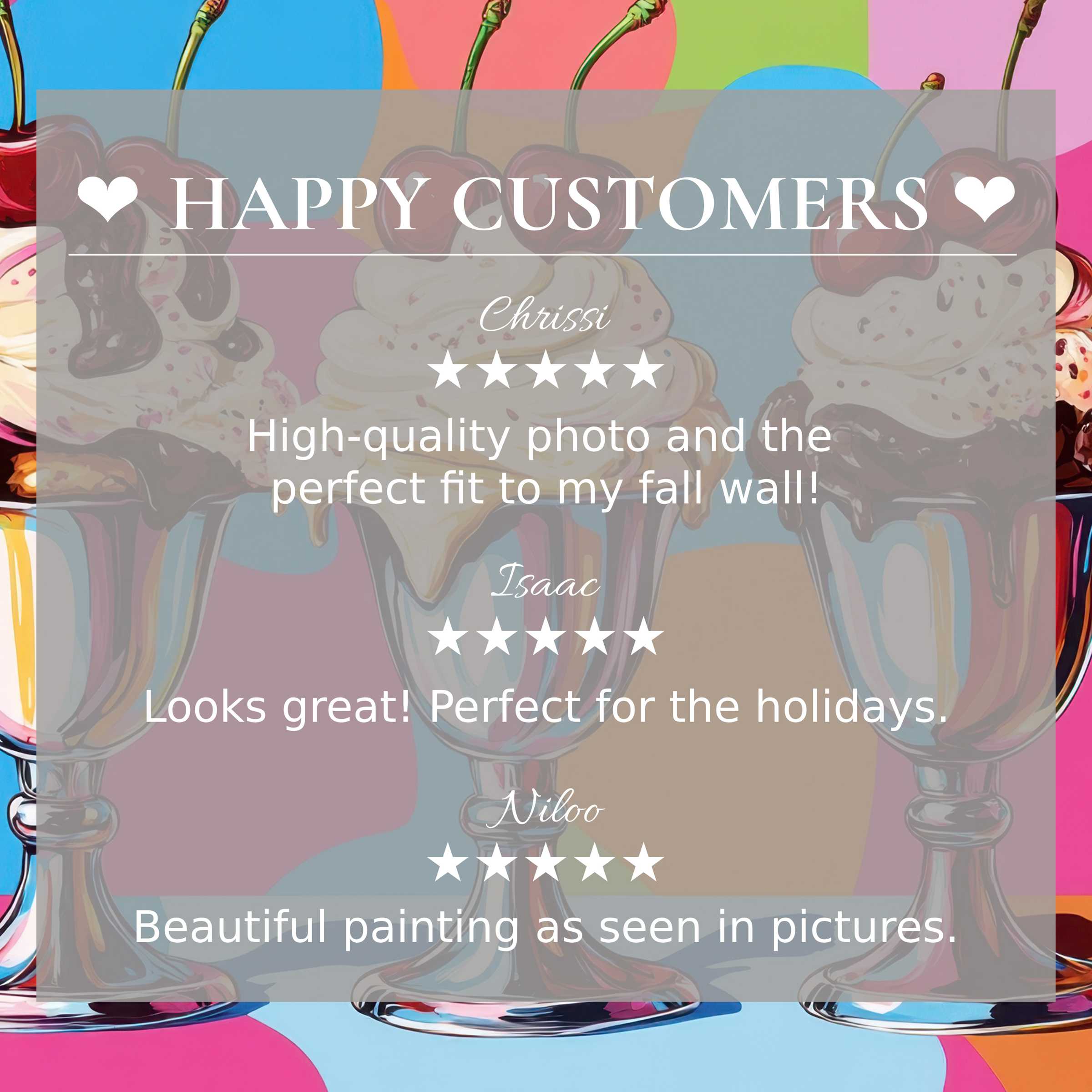 Pop art for Frame TV with vibrant cherry sundaes on abstract sunset hues, highlighting a happy customer’s elegant reviews