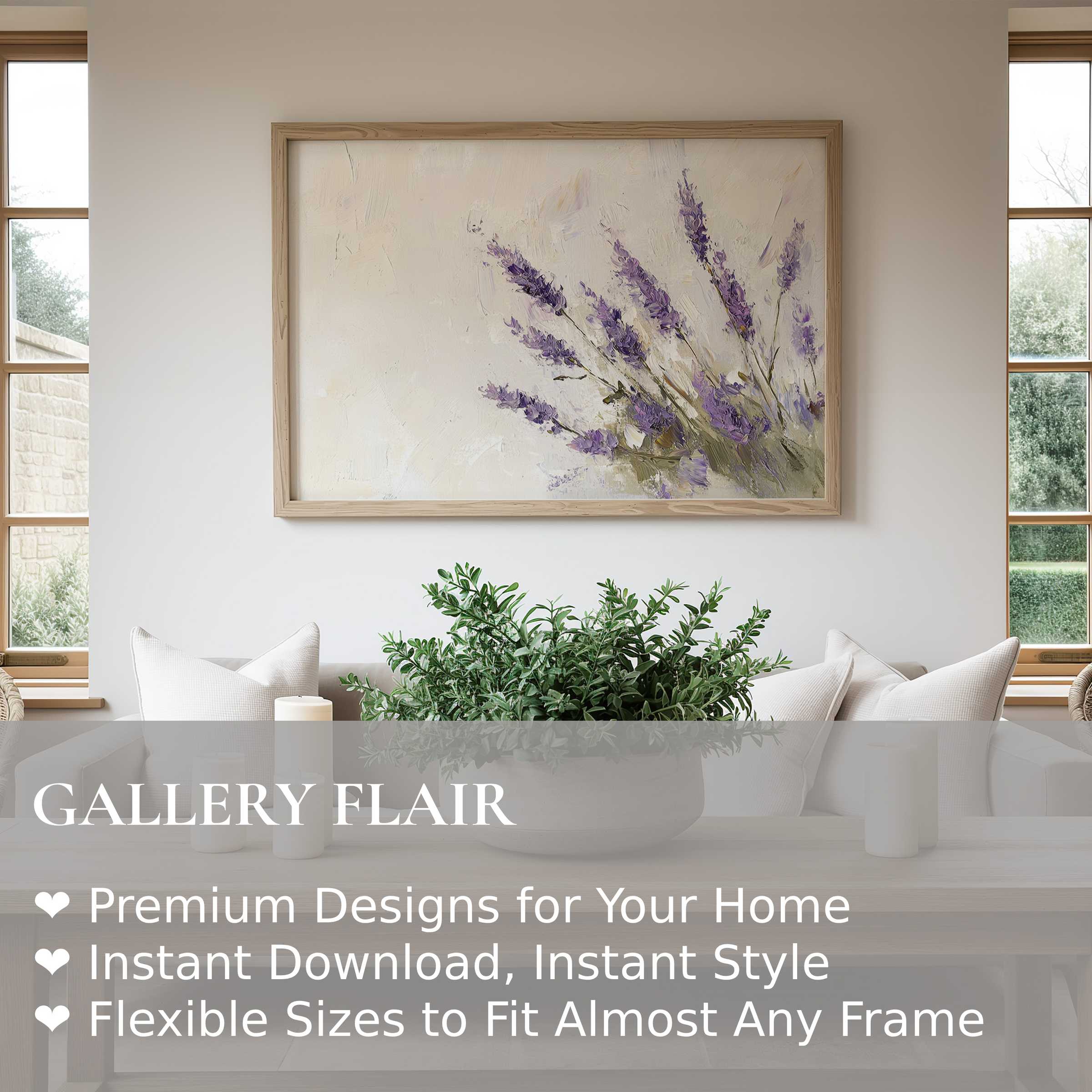 Elegant spring wall art print featuring soft lavender blooms in textured brushstrokes; complements modern, serene living spaces with calming, natural charm