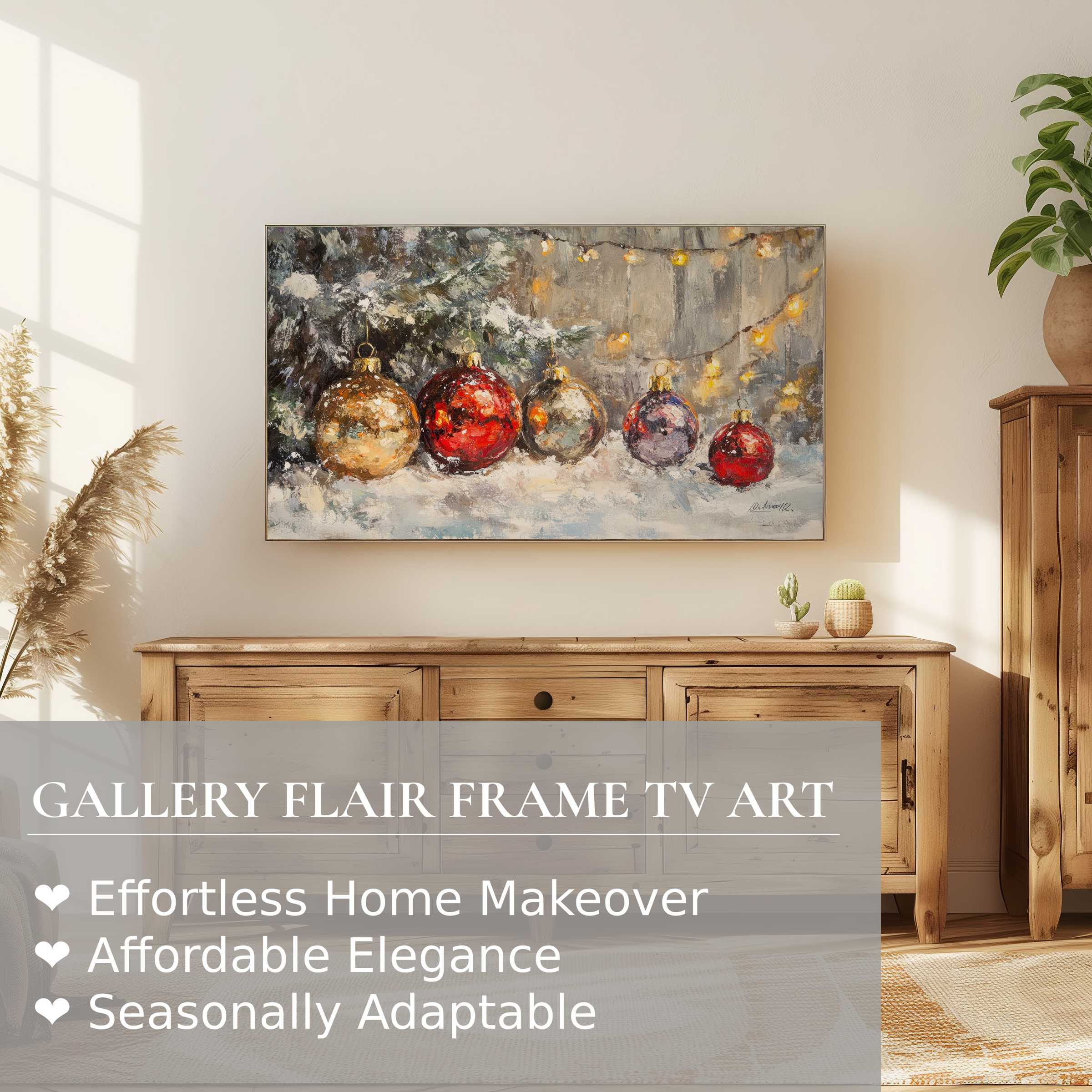 Elegant Christmas digital artwork of baubles and lights on Samsung Frame TV in a warm, modern living room setting