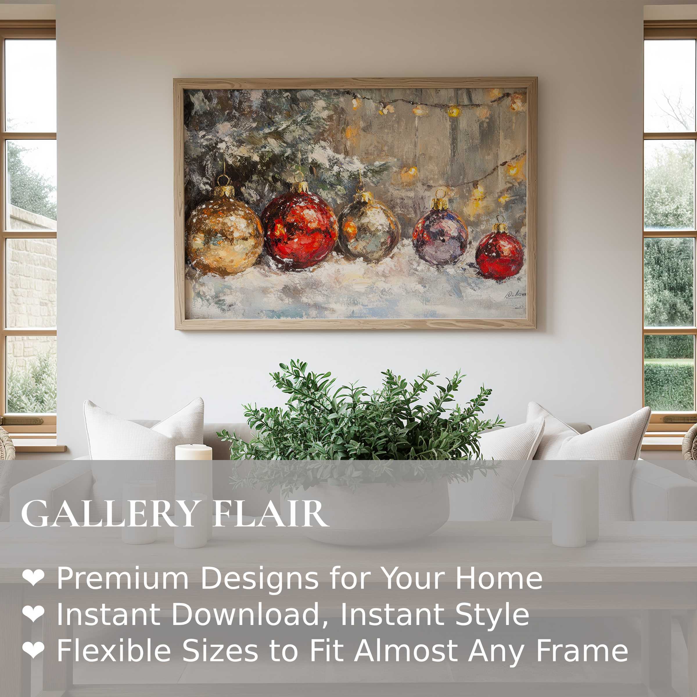 Christmas wall art print featuring radiant holiday ornaments in rich reds and golds, enhancing the serene modern farmhouse living room with festive warmth and timeless elegance