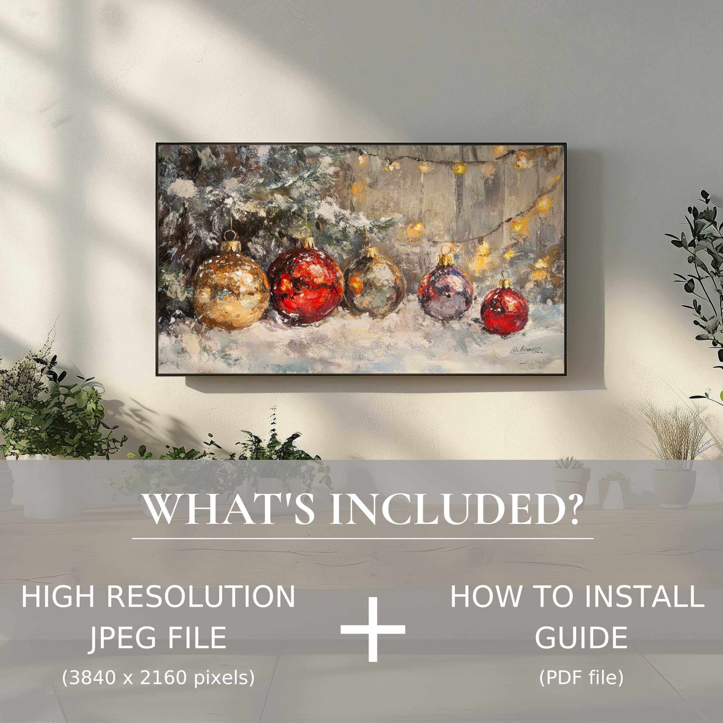 Elegant christmas digital TV art download with cozy ornaments, easy digital use to enhance your stylish living space