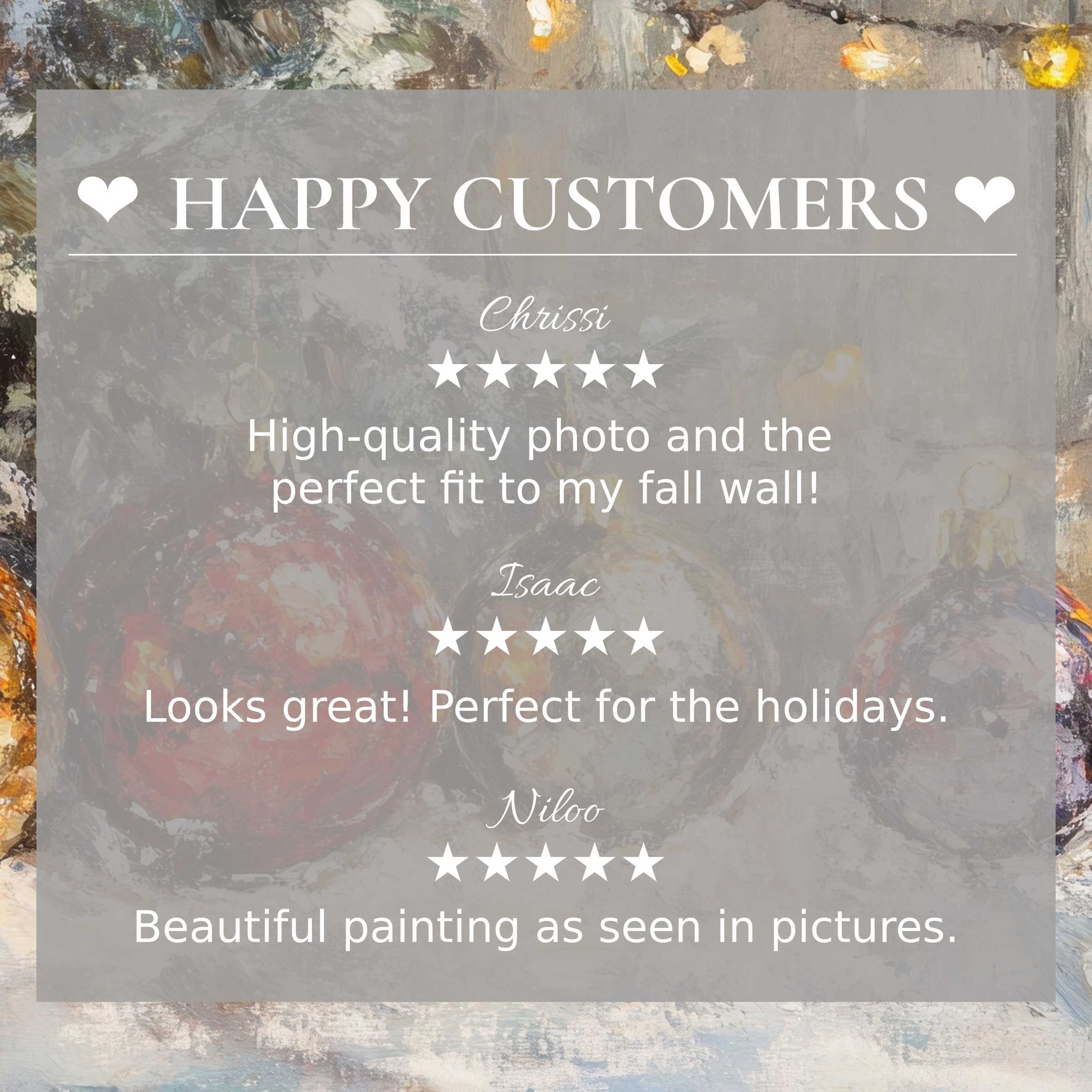 Elegant christmas art for Frame TV with abstract muted tones; layout shows happy customer reviews, inspiring trust