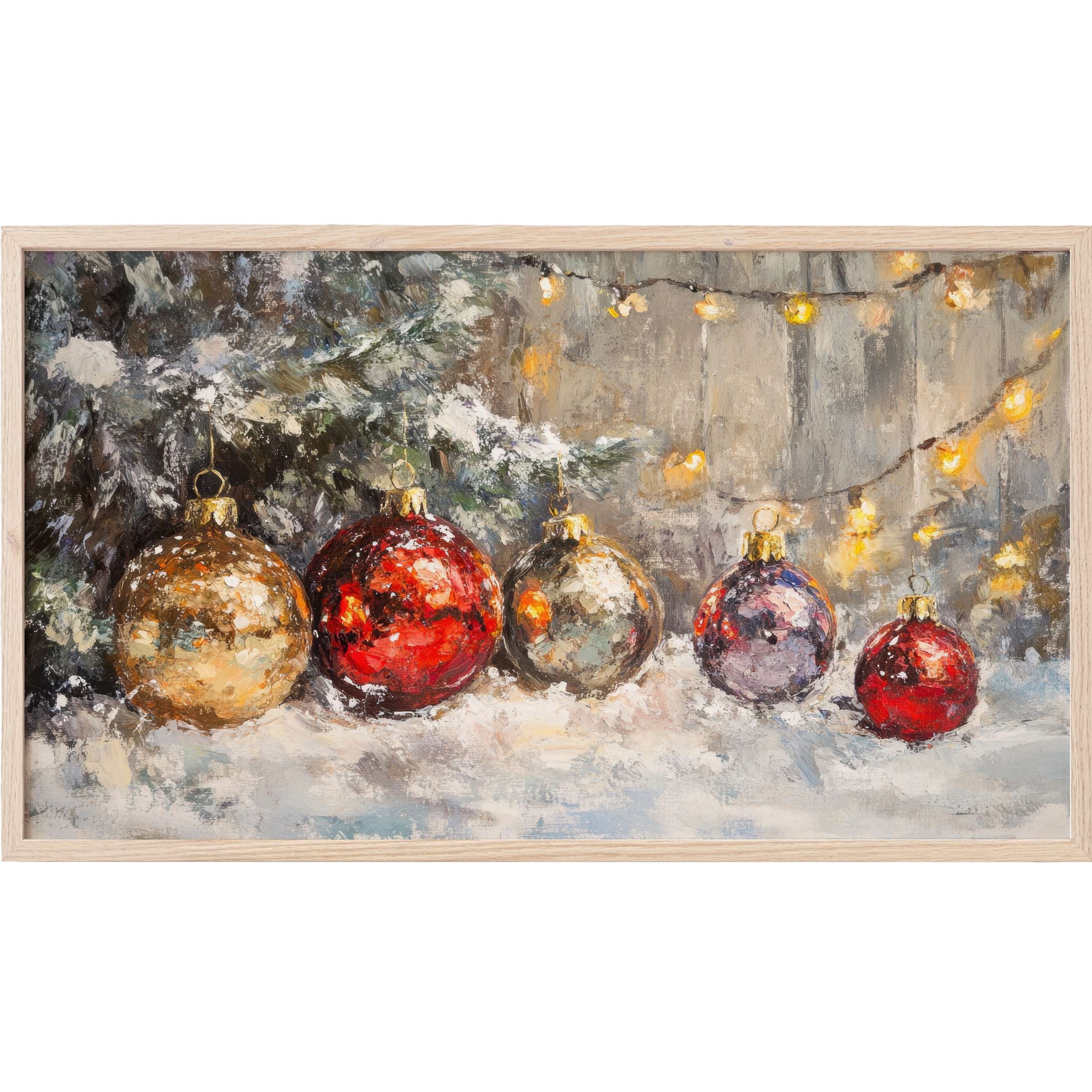 Elegant christmas Frame TV Art with shimmering red and gold baubles, soft snowfall, and warm fairy lights in a painterly style