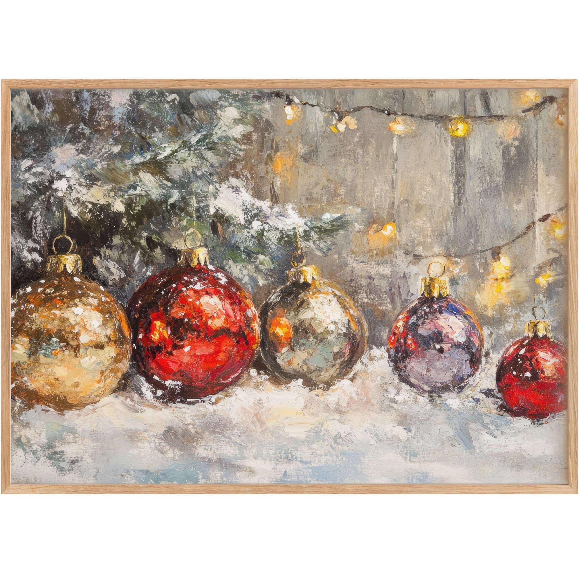 Christmas printable wall art featuring shimmering red and gold ornaments set against frosted pine and warm glowing lights, creating a radiant, festive ambiance