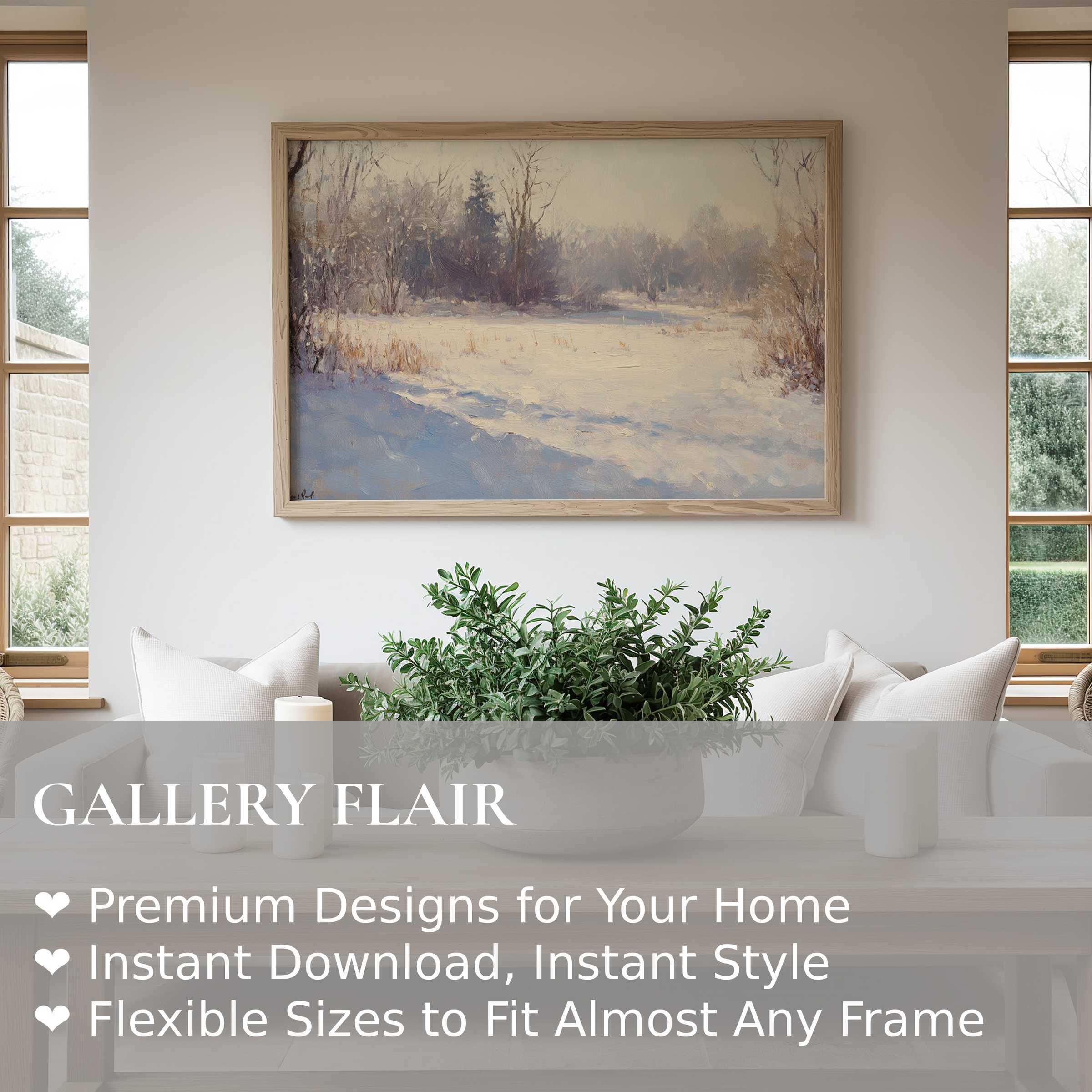 Winter wall art print capturing a serene snowy landscape with soft, calming hues in a minimalist modern living room