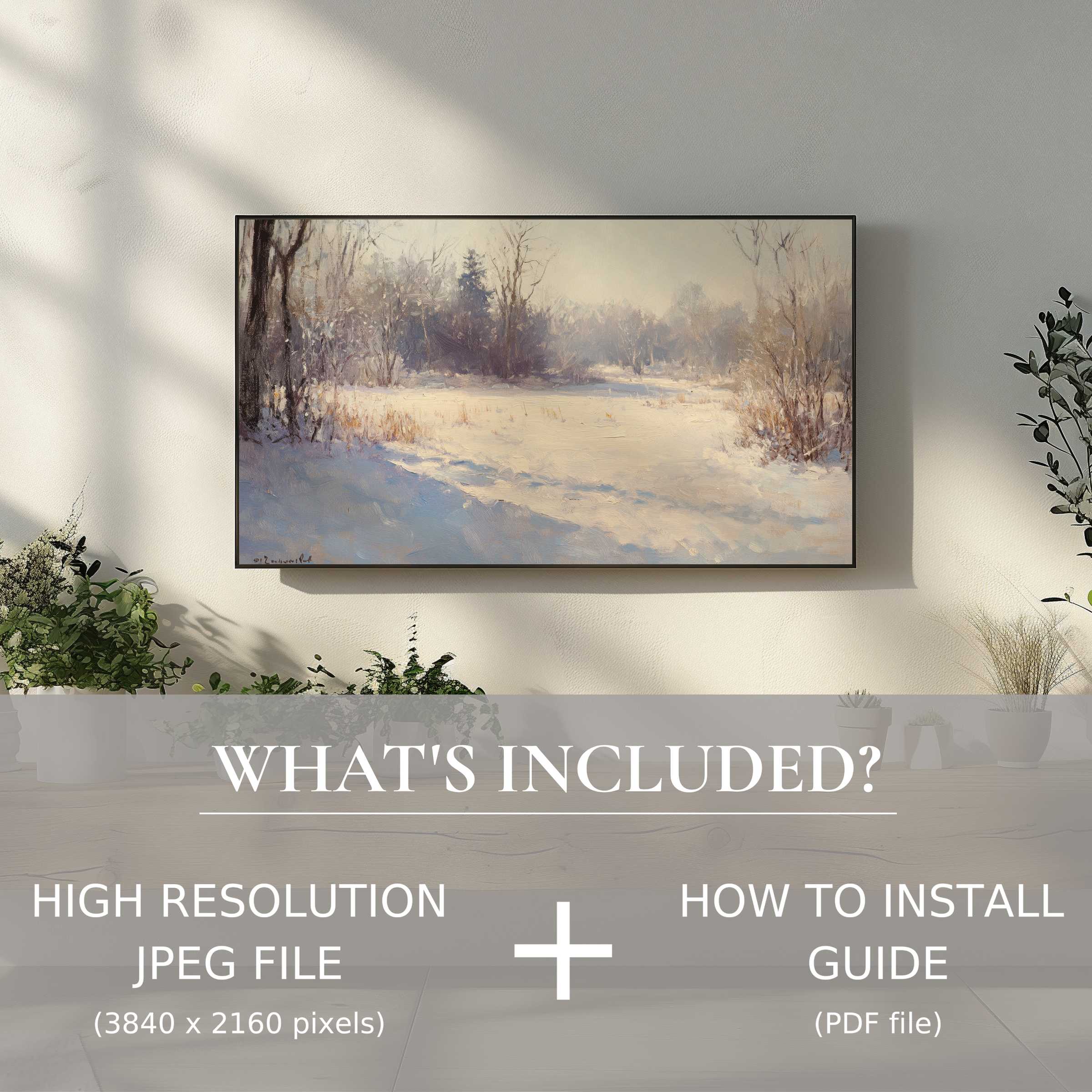 Elegant winter digital TV art download enhances your space with effortless digital use and serene snowy landscape