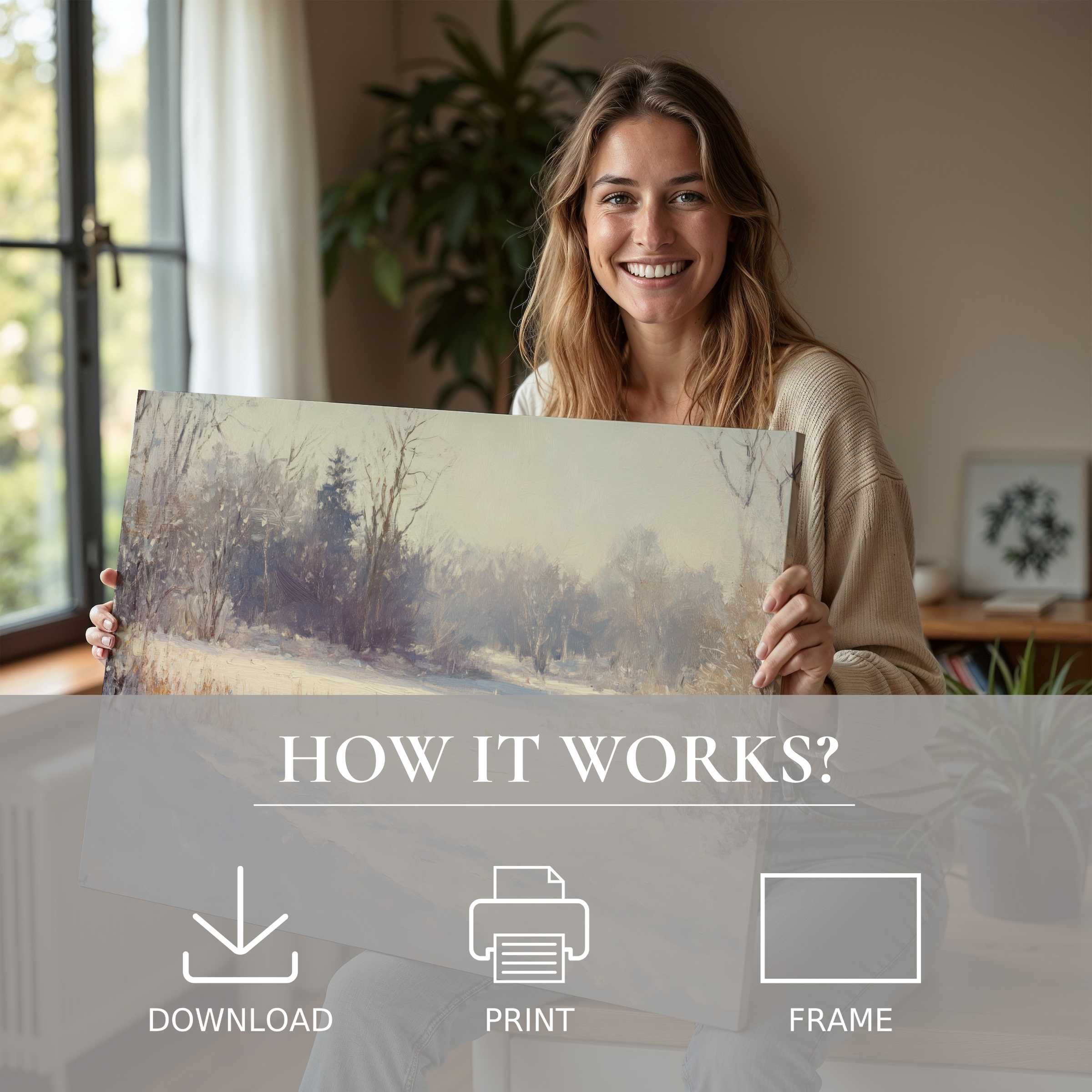 Elegant woman in a sunlit modern home reveals a winter digital art print, inspiring joy and effortless beauty in living with art