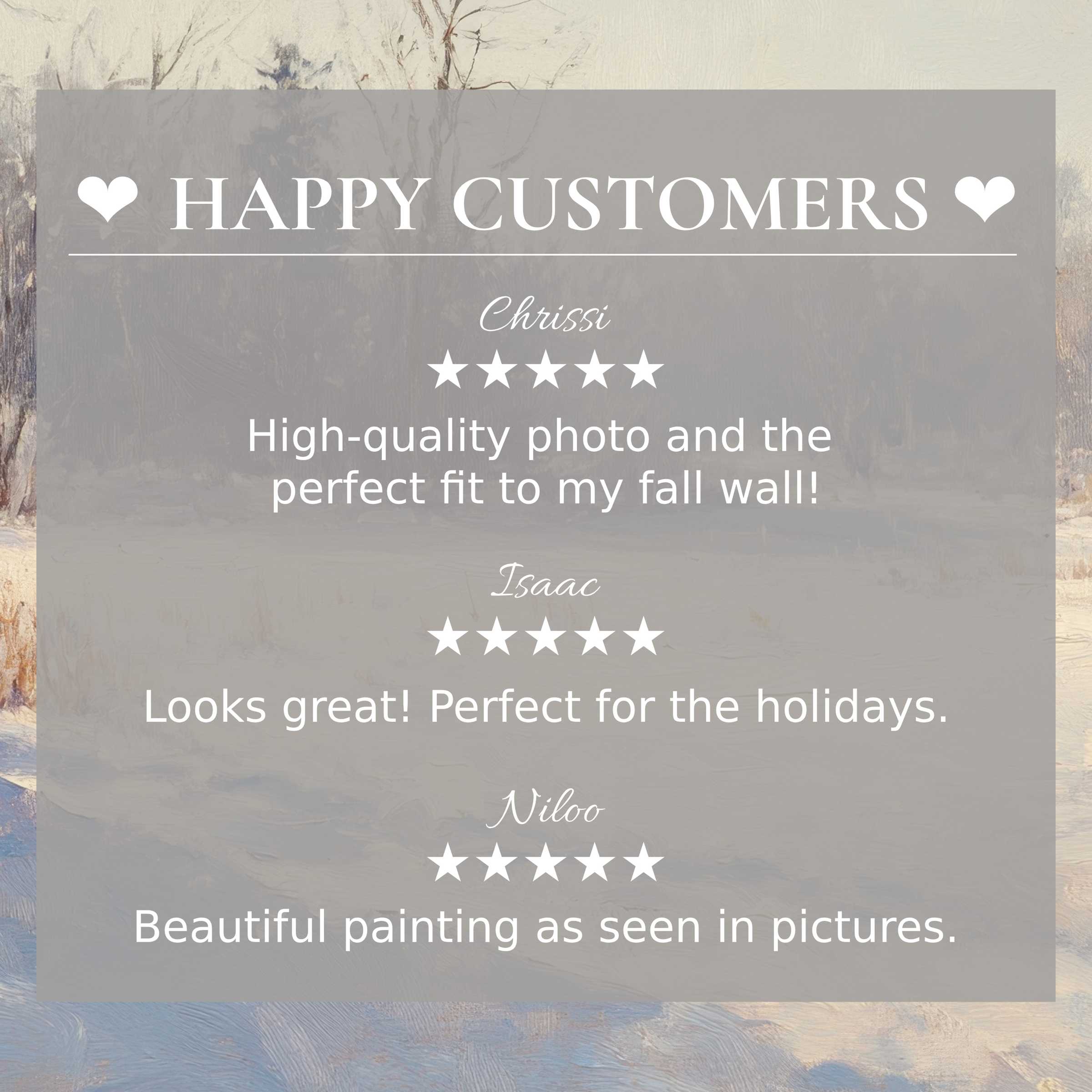 Winter art for Frame TV with soft muted landscape background, showcasing happy customer reviews and elegant trust-building design