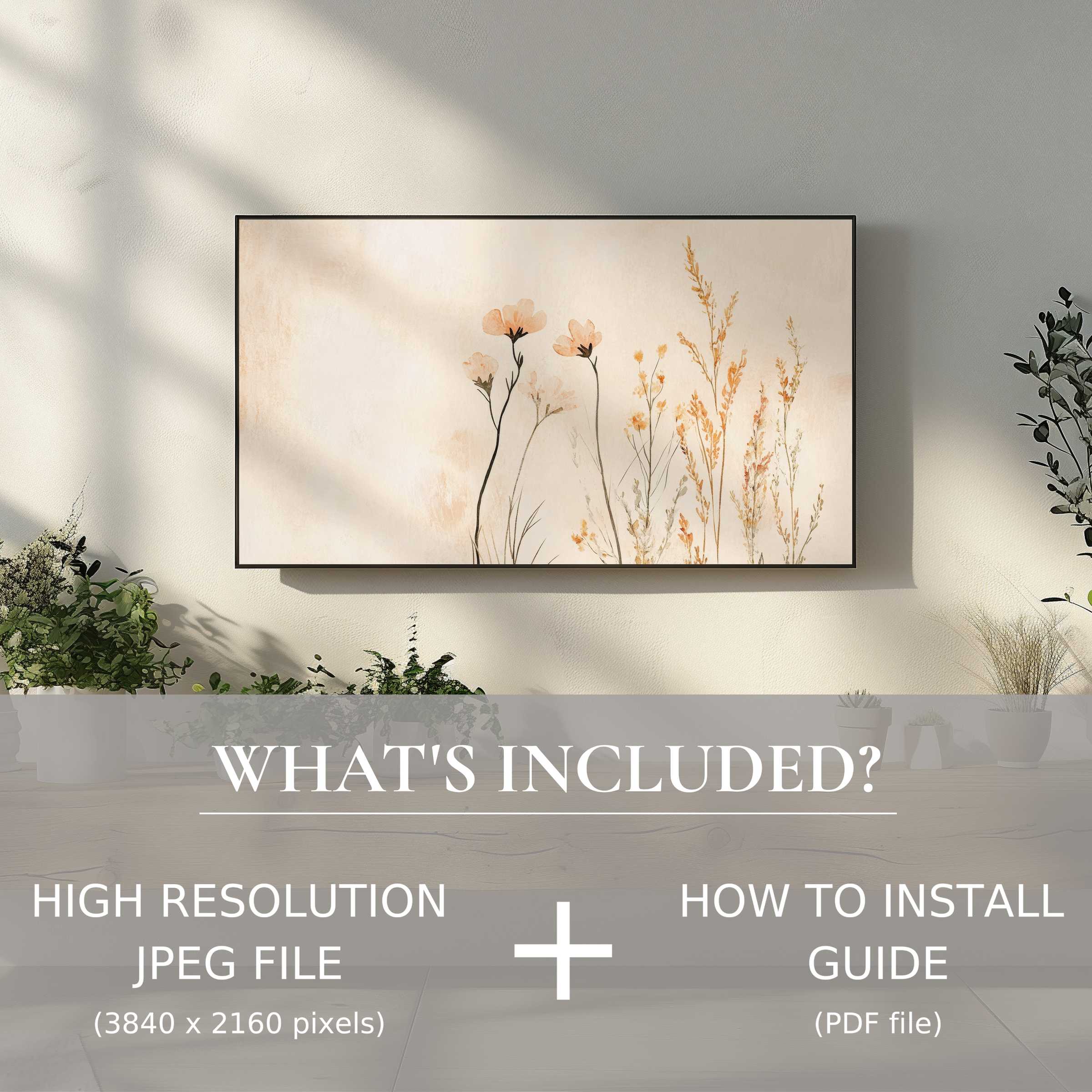 Elegant boho digital TV art download with floral design, easy digital use enhances and modernizes your stylish living space