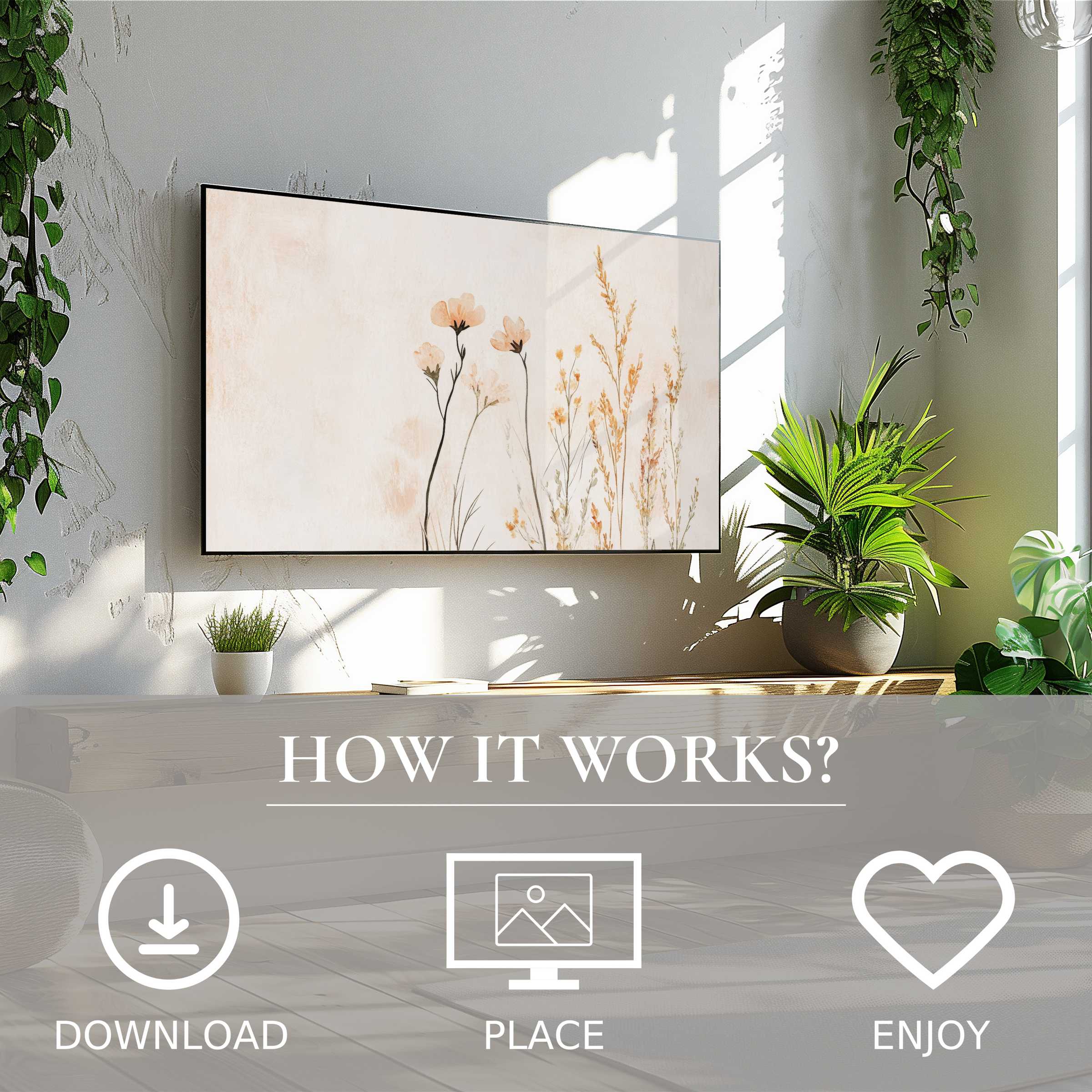 Boho art for Samsung TV with soft floral tones, easy digital download to enrich your living space with modern design