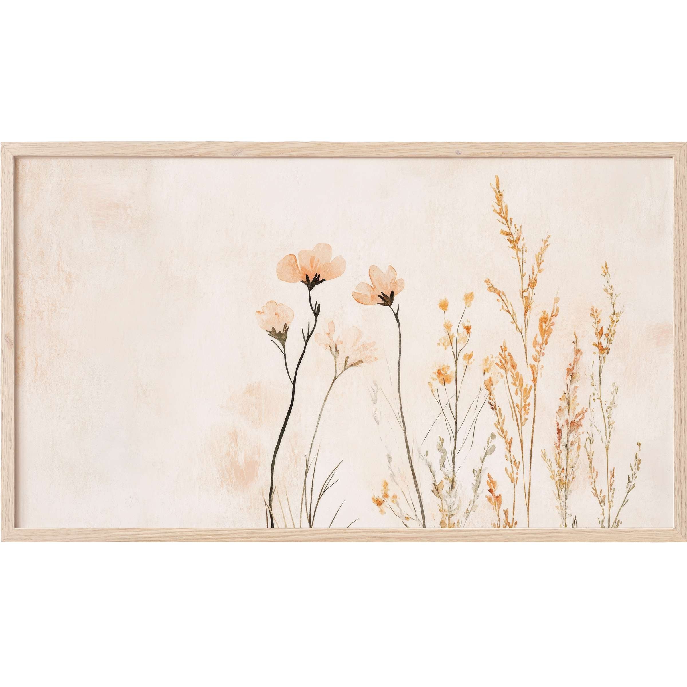 Delicate floral watercolor in soft peach and gold tones with minimalistic stems, boho Frame TV Art in natural hues