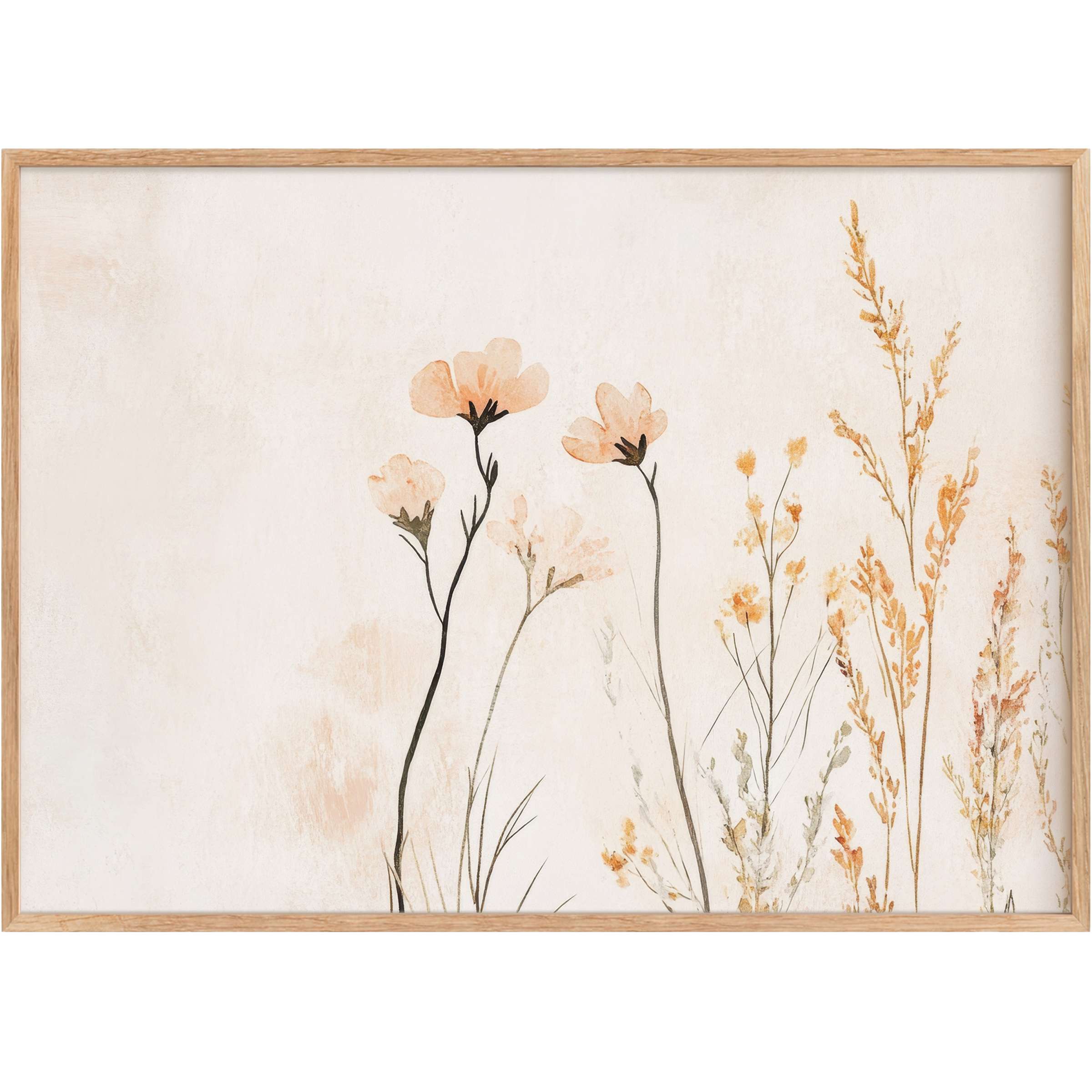 Delicate boho printable wall art with soft peach and earthy tones, evoking a serene, sunlit meadow ambiance